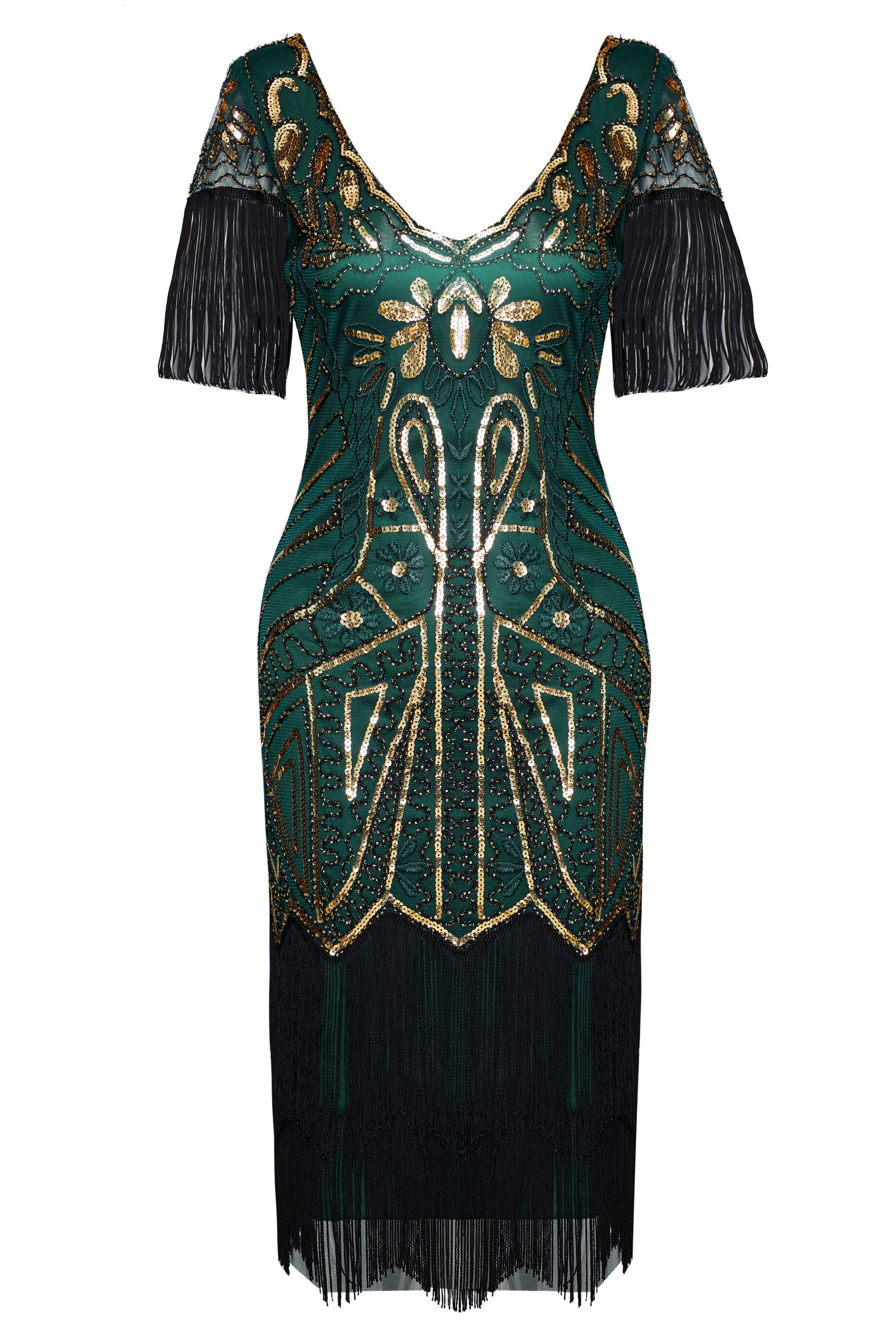 Art Deco Paisley Sequin Fringe Dress | Darkgreen | 1