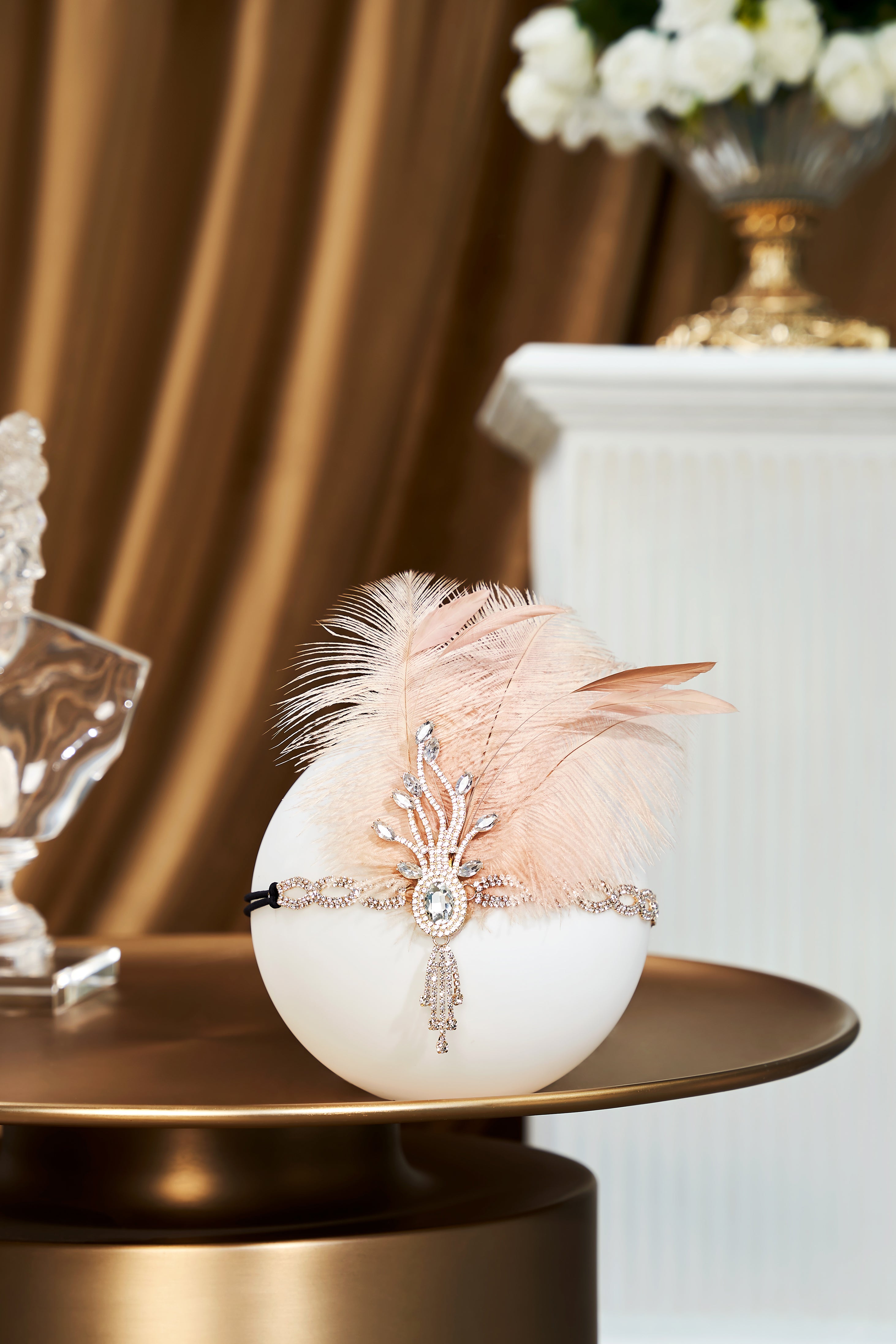 Beaded Rhinestone Tassel Feather Headpiece | Champagne | 3