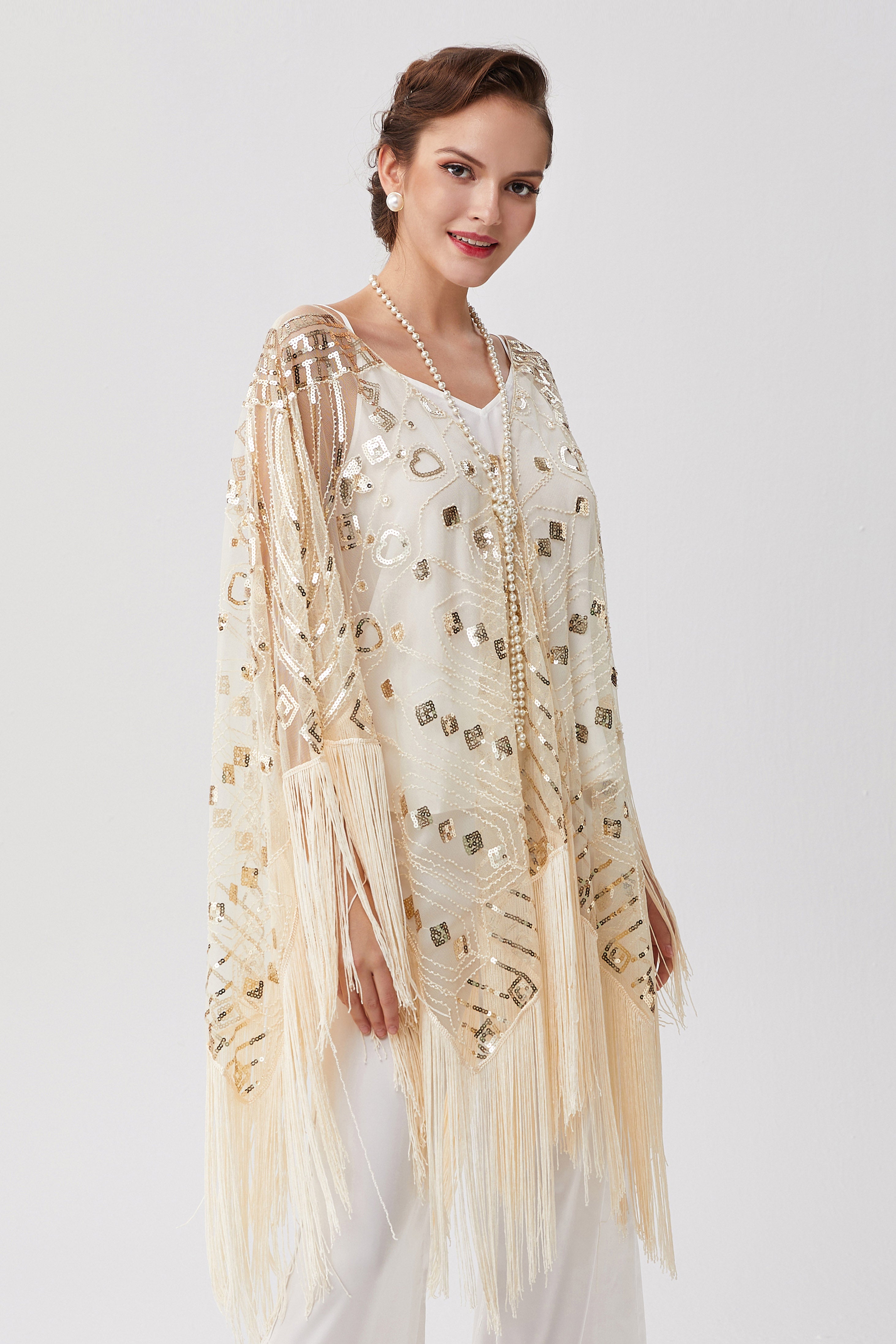 1920s Knee Length Fringed Shawl | Cream | 7