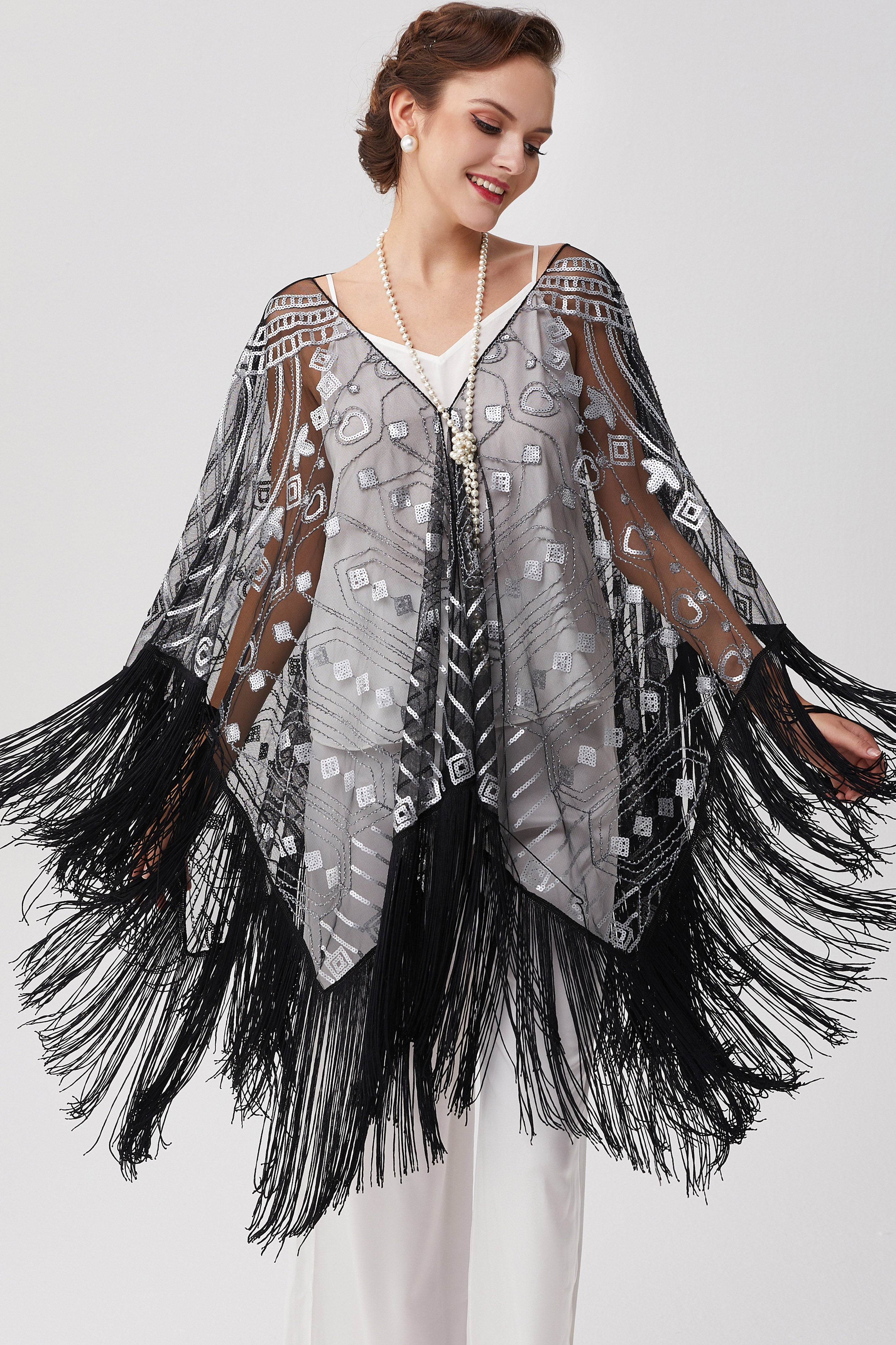 1920s Knee Length Fringed Shawl | Black/Silver | 13