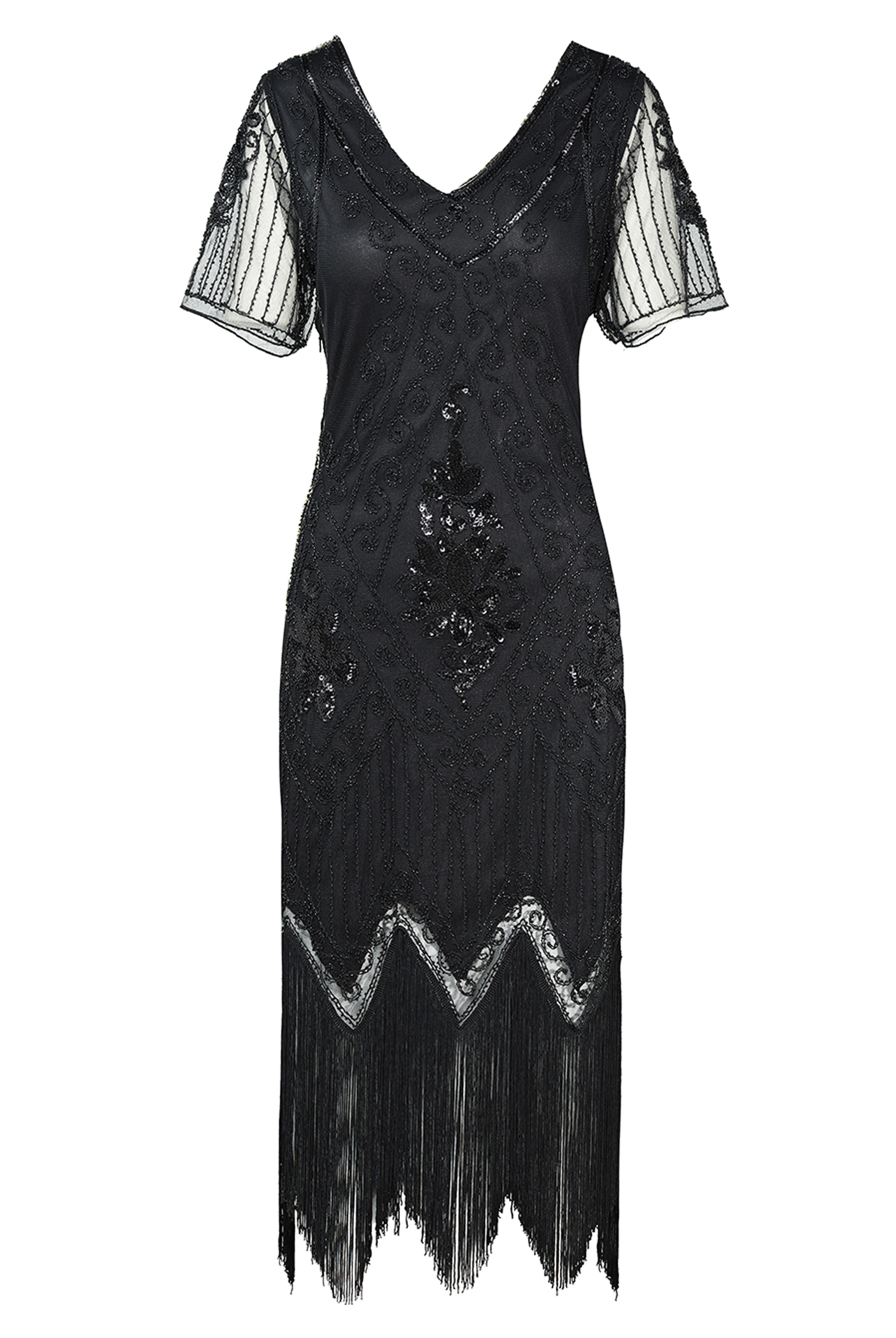 Vintage Paisley Flapper Fringe Dress | Black | 6