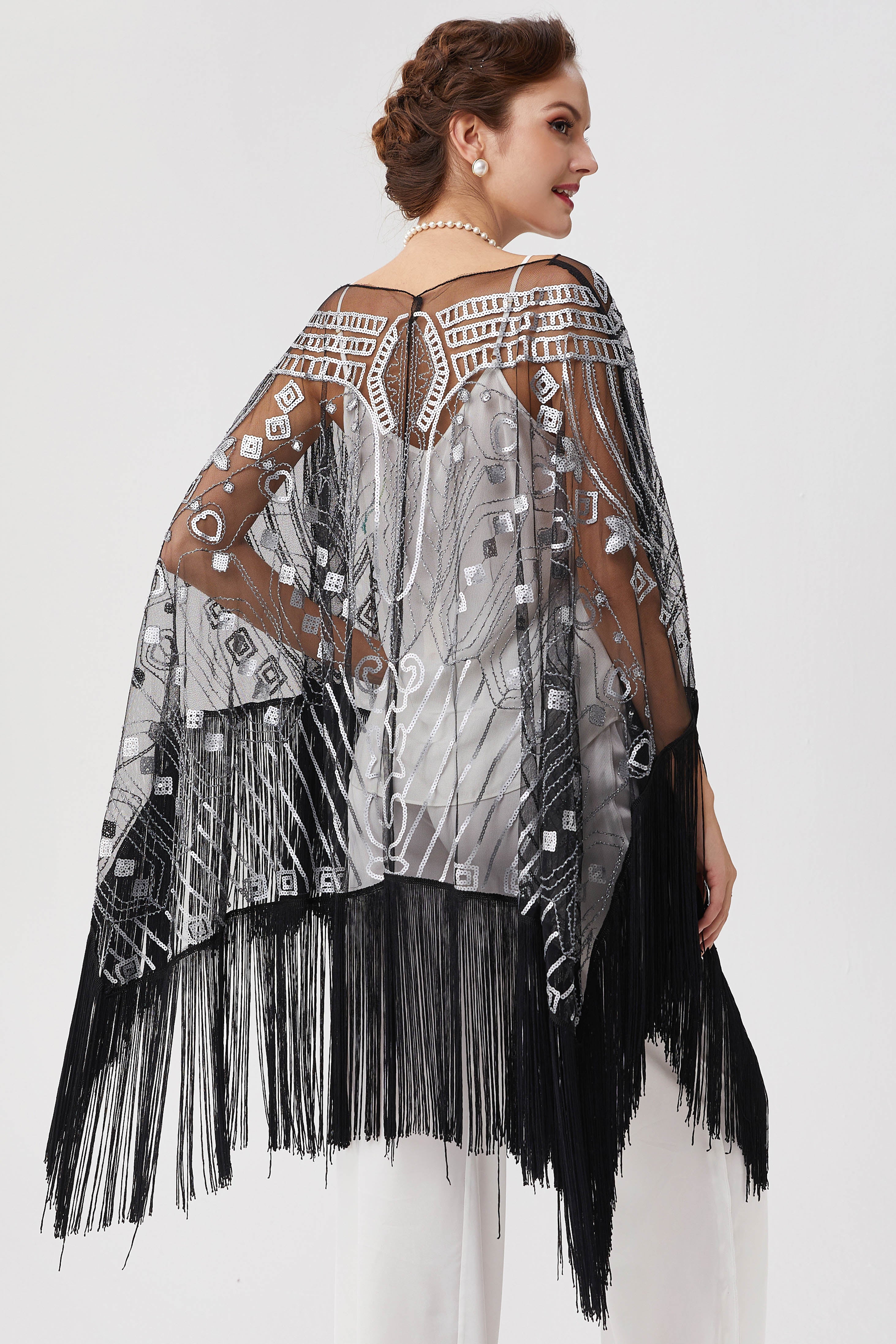 1920s Knee Length Fringed Shawl | Black/Silver | 15