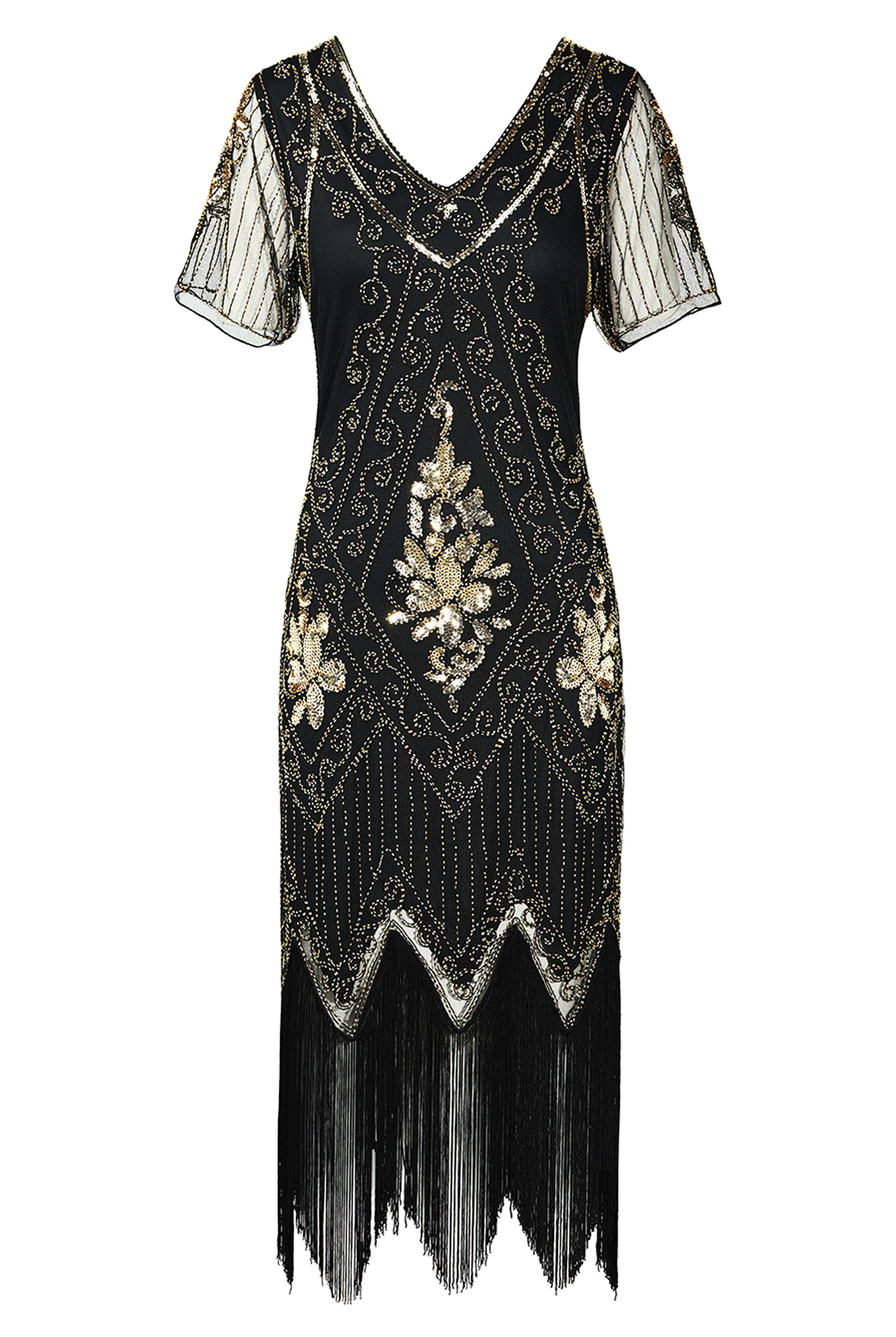 Vintage Paisley Flapper Fringe Dress | Black/Gold | 3