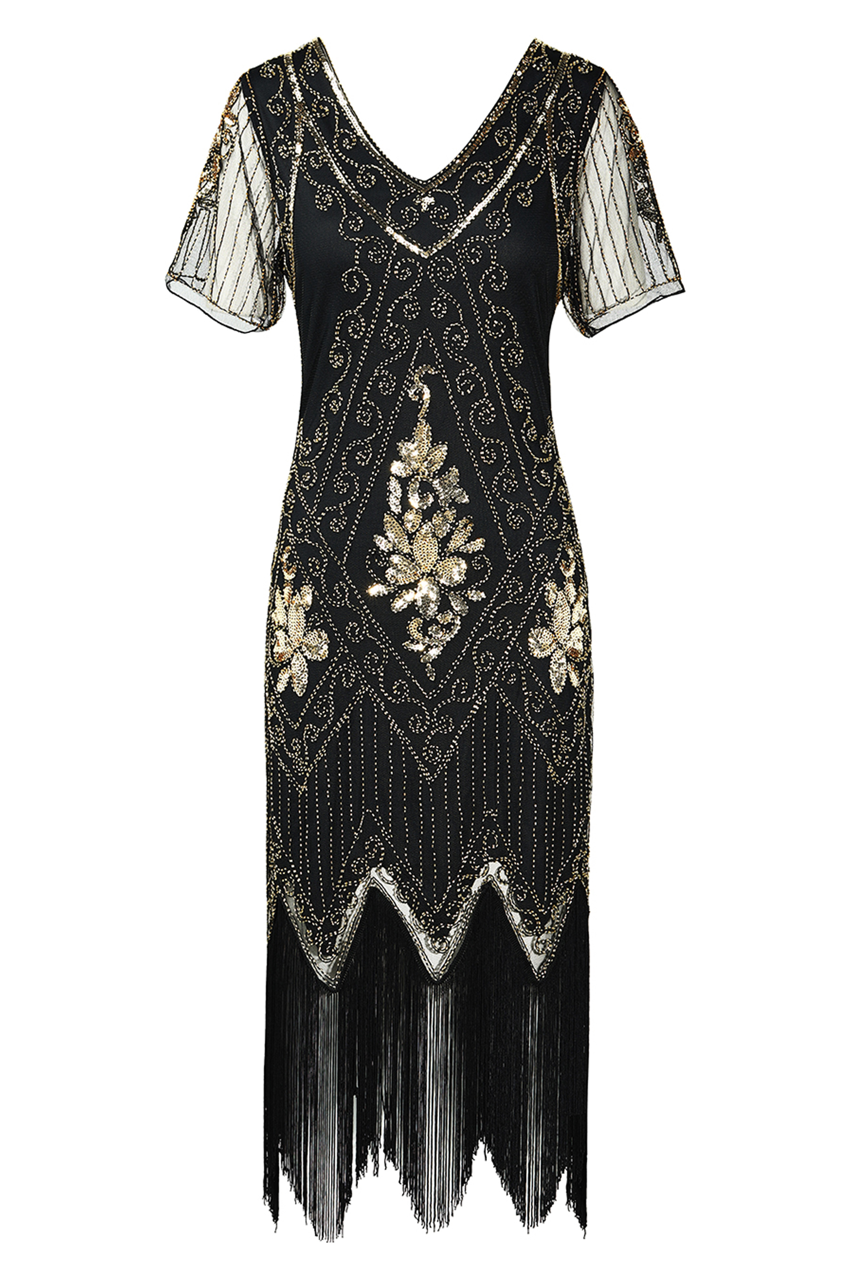 Vintage Paisley Flapper Fringe Dress | Black/Gold | 3