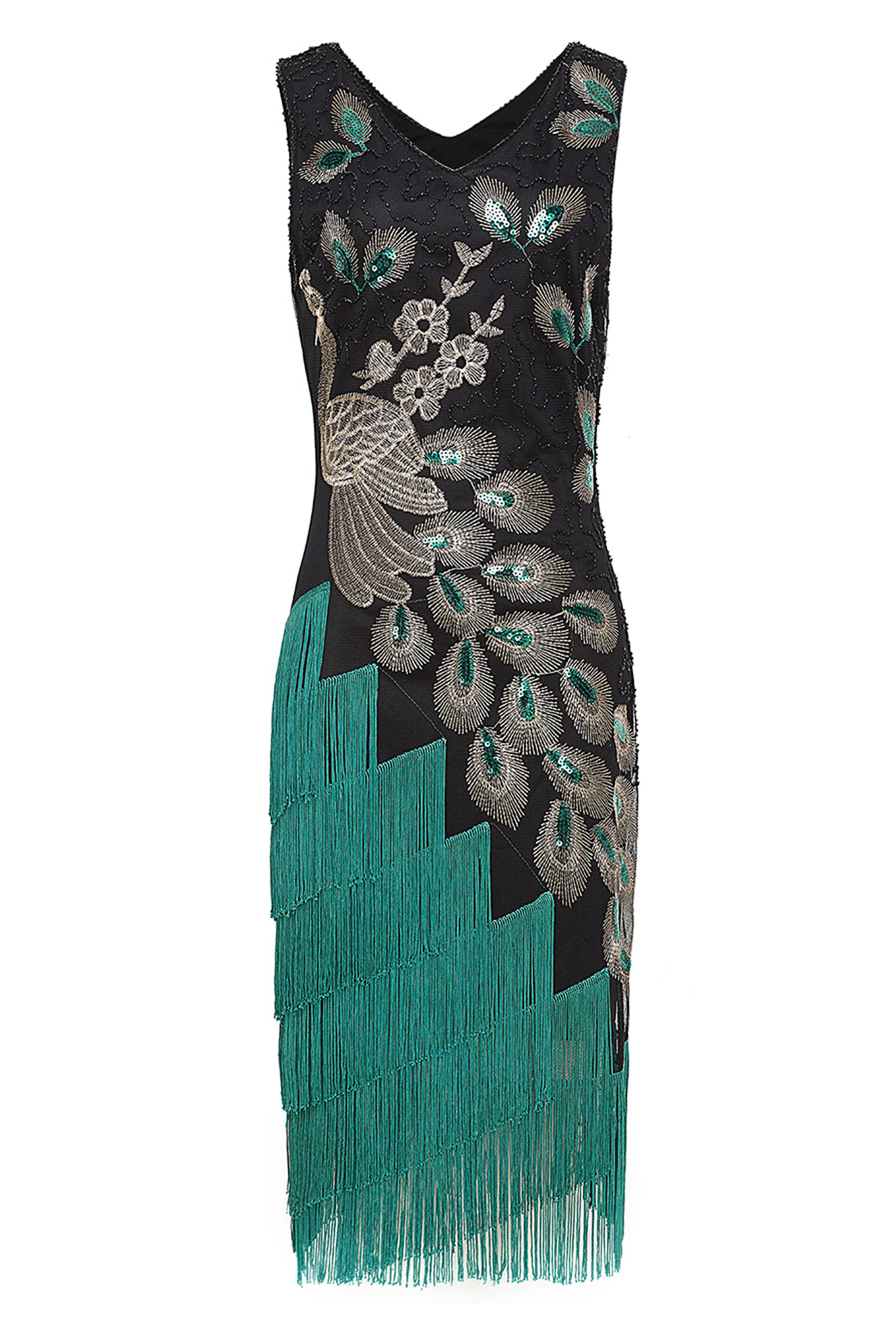 Irregular Tassel Hem Peacock Dress | Black/Green | 6
