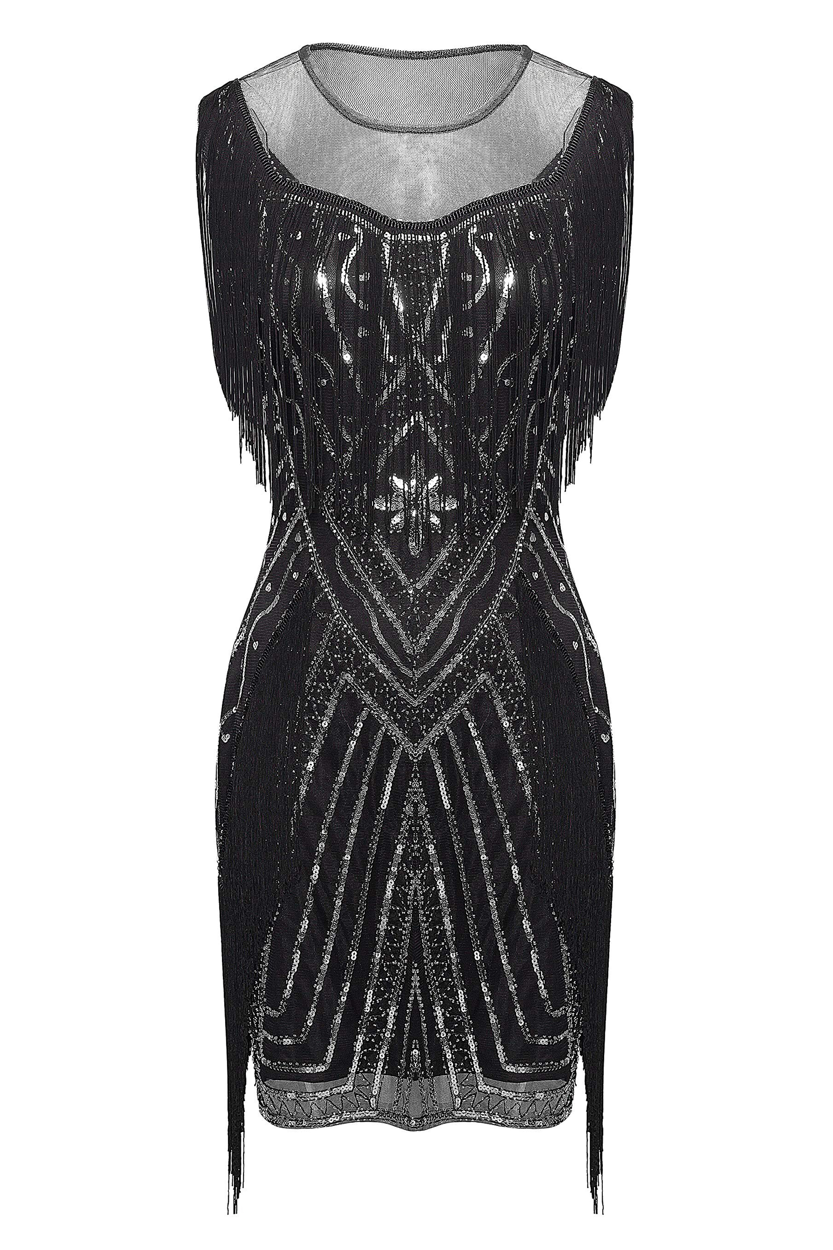 Striped Sequin Collared Gatsby Dress | Black/Silver | 3