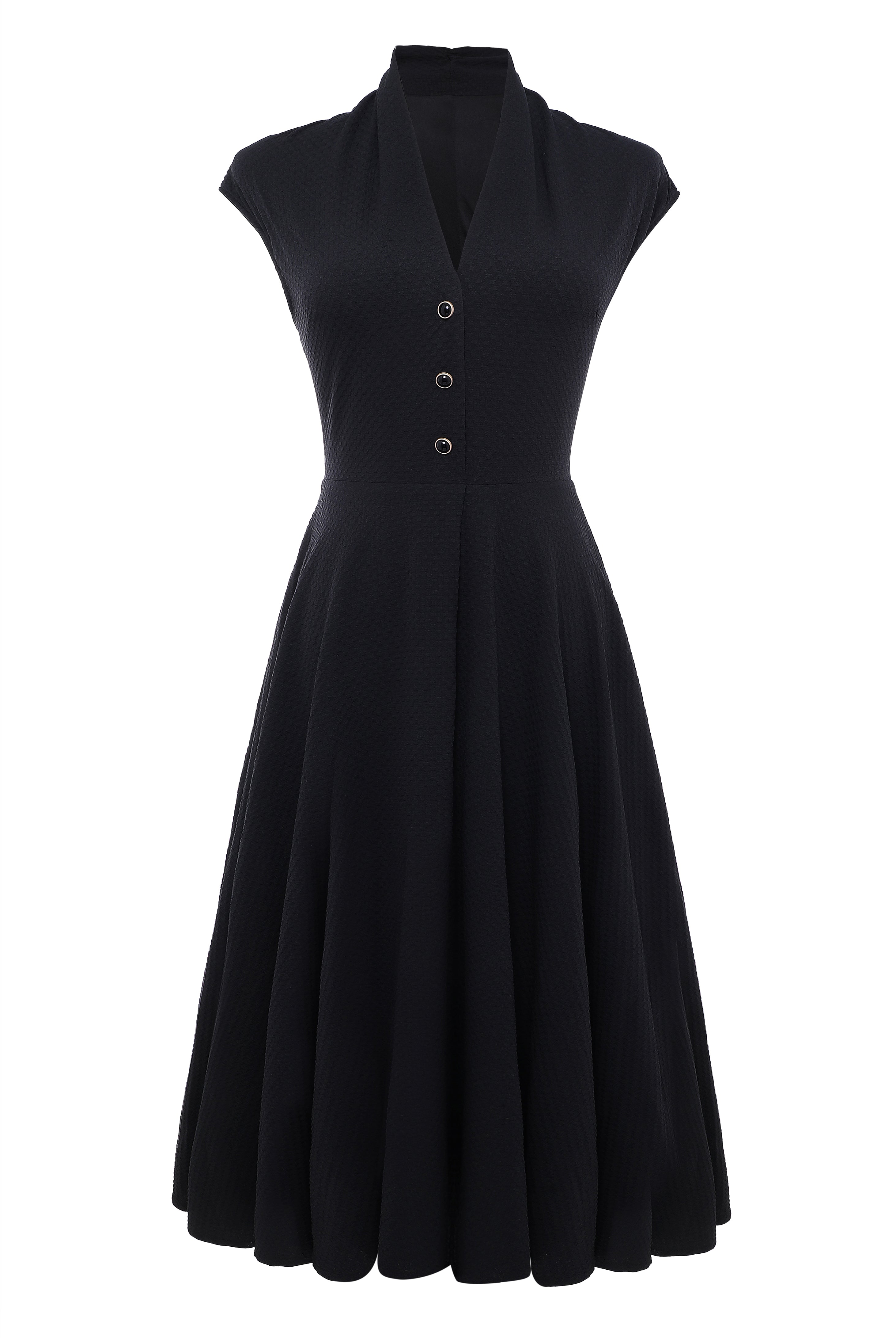 Cap Sleeve Shirtwaist V Neck Dress | Black | 1