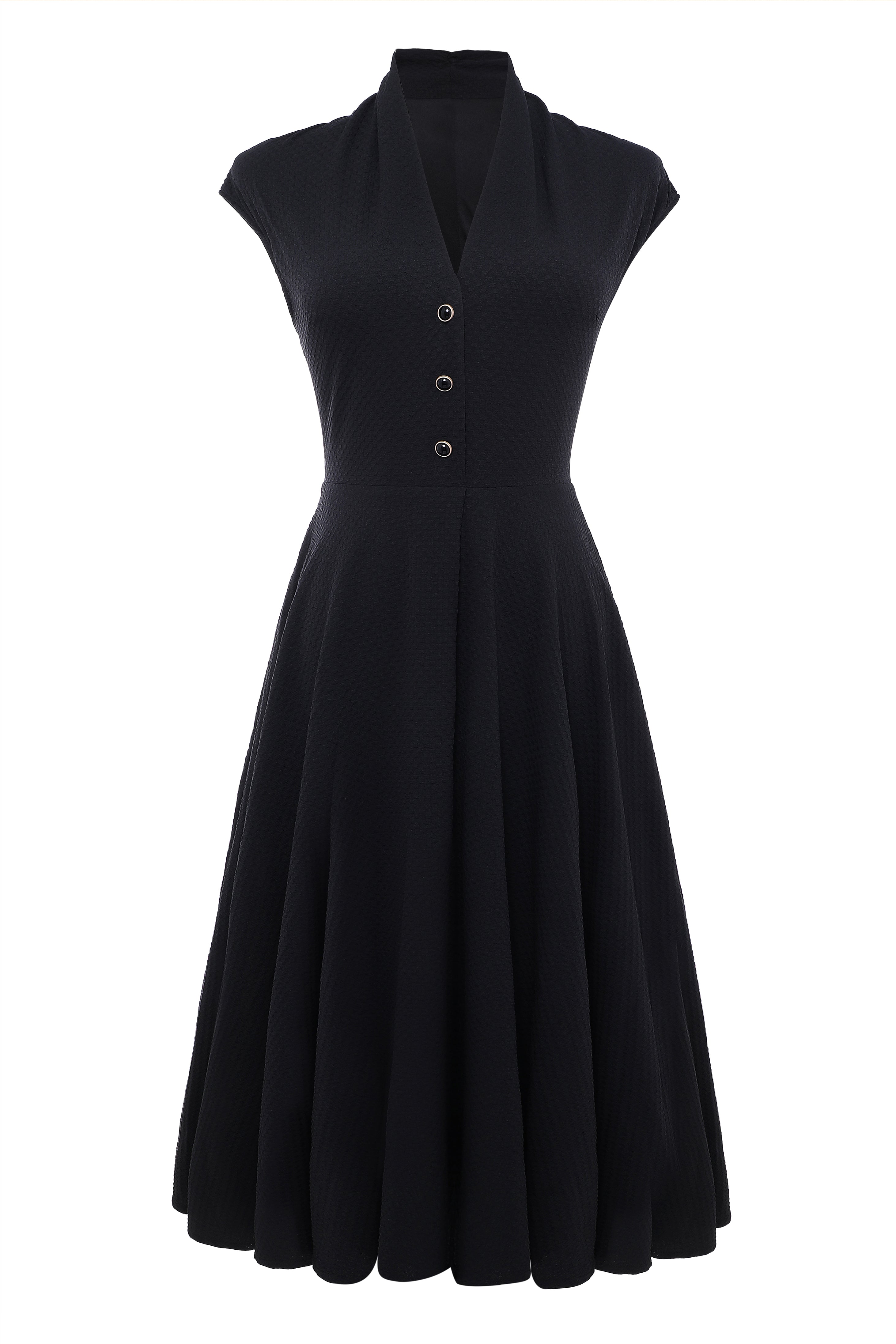 Cap Sleeve Shirtwaist V Neck Dress | Black | 1