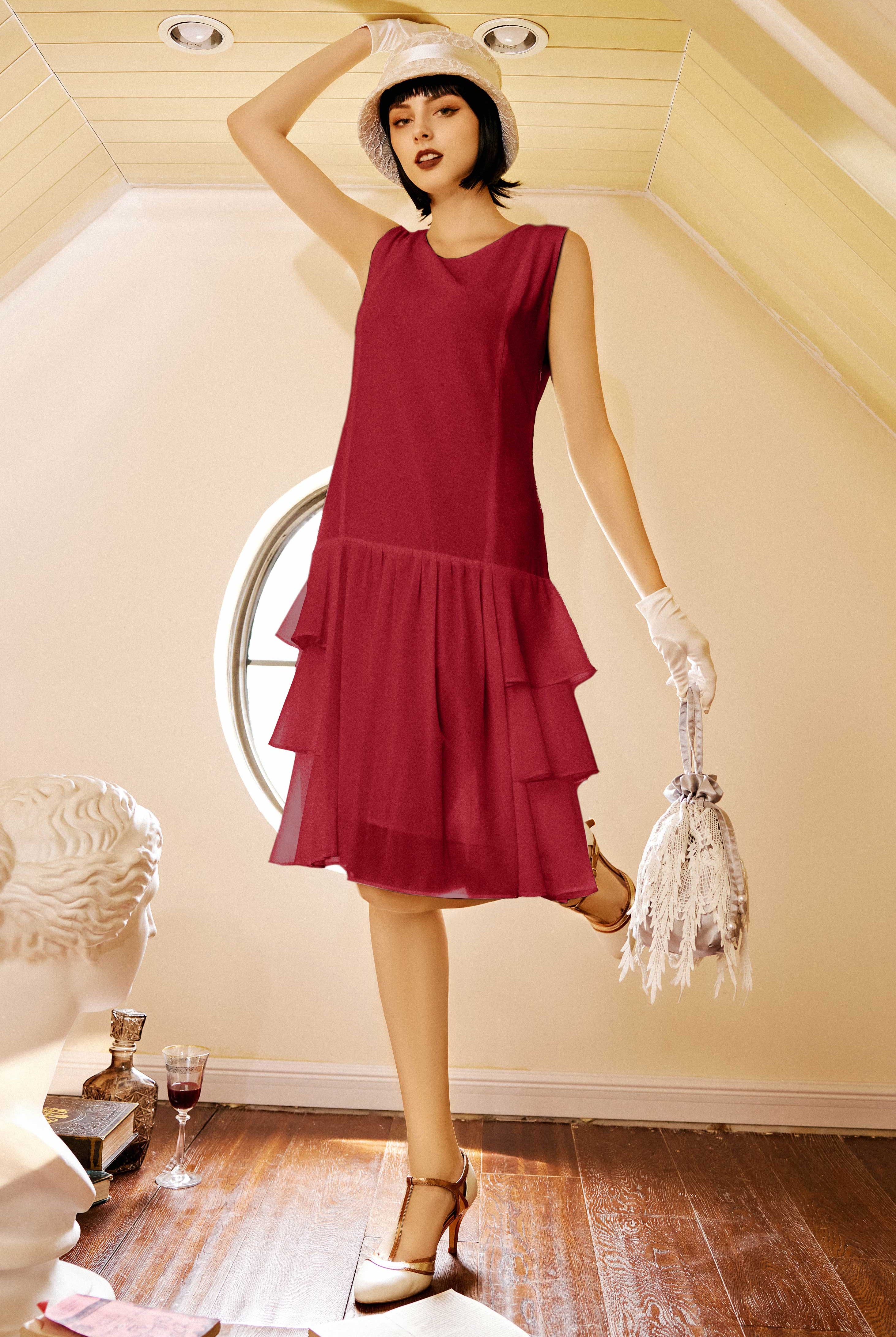 Cascading Tiered Sleeveless Flapper Dress | Red | 2