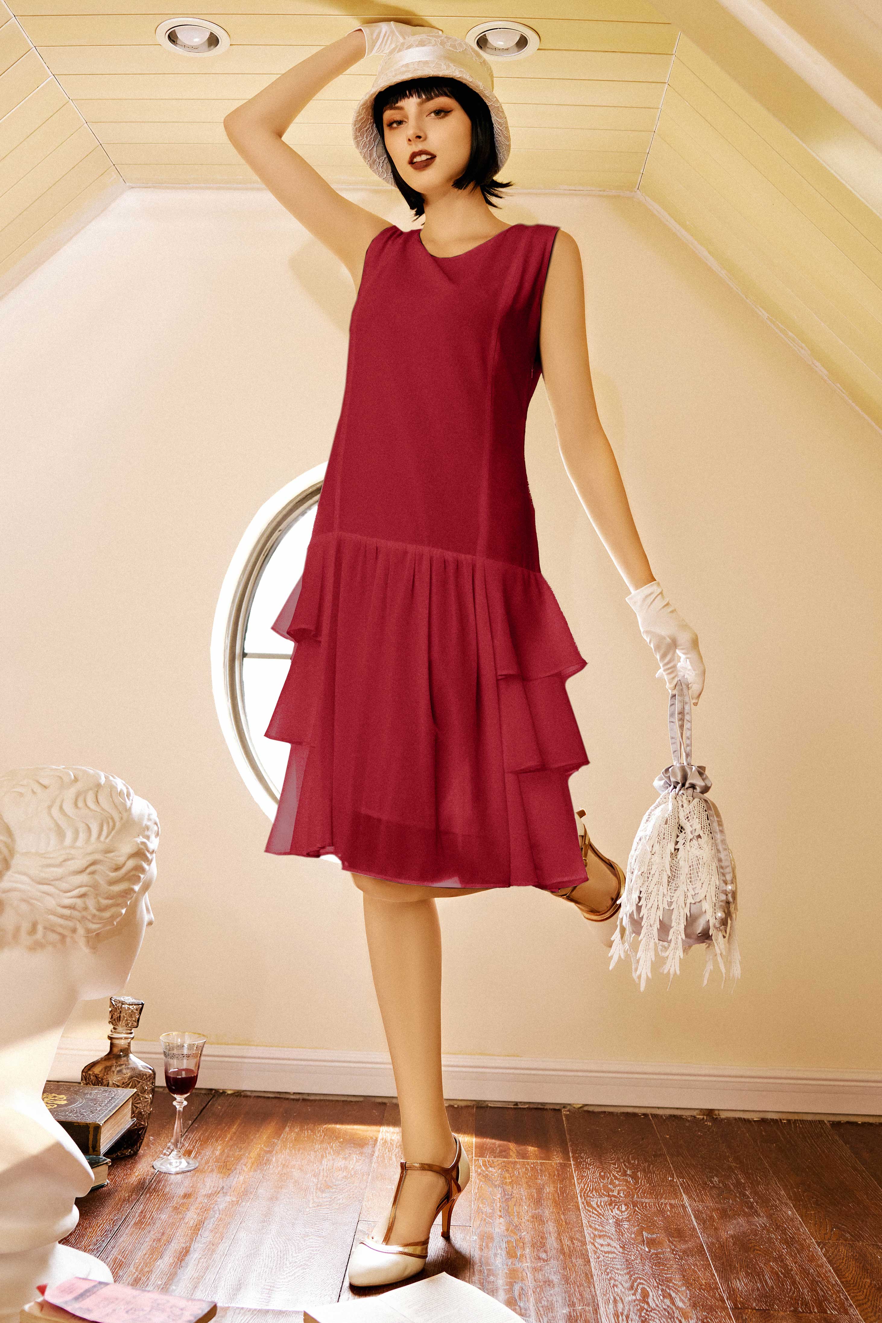 Cascading Tiered Sleeveless Flapper Dress | Red | 2