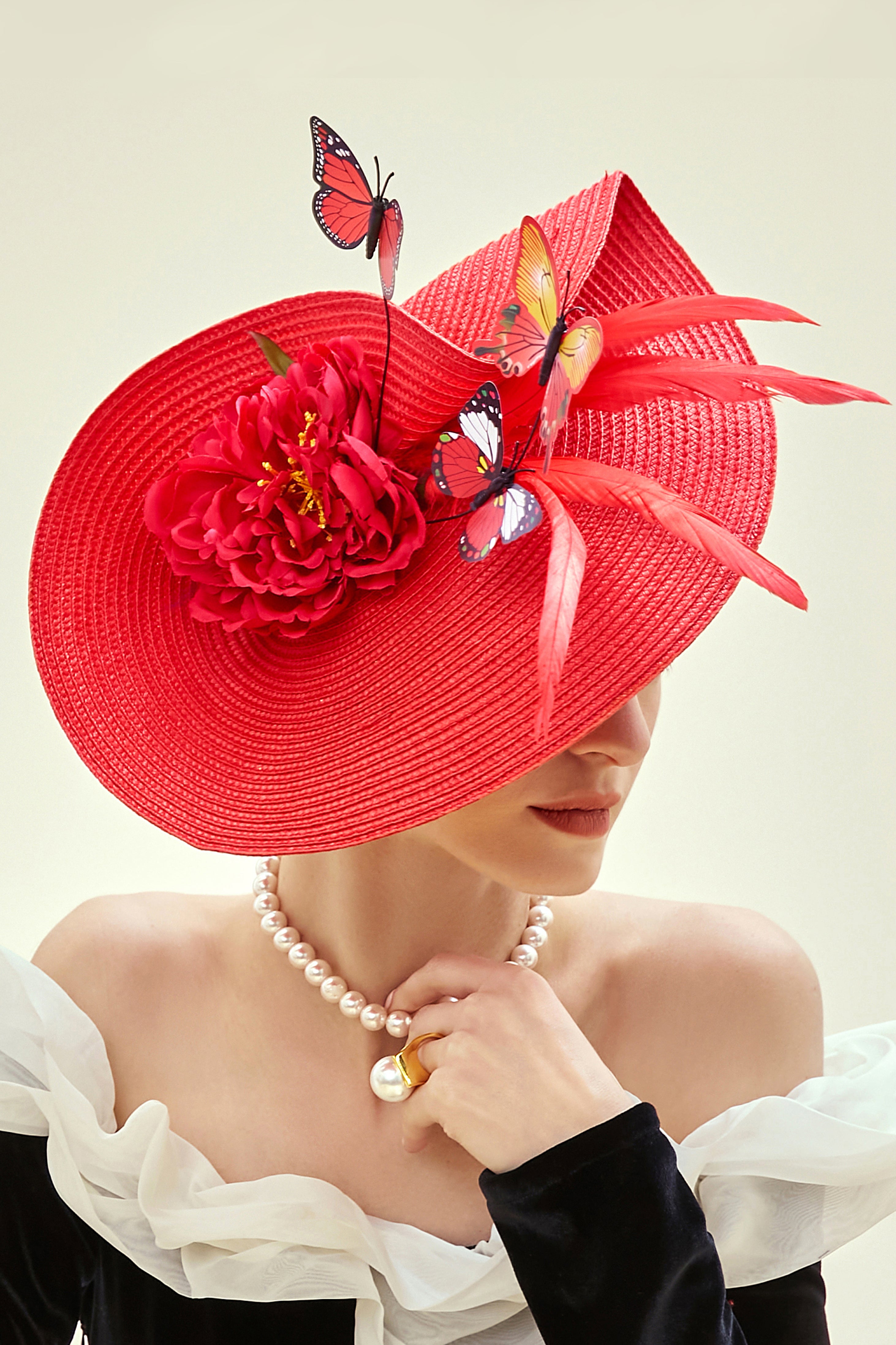 Classic Vintage Wide Brim Fascinator | Red | 3