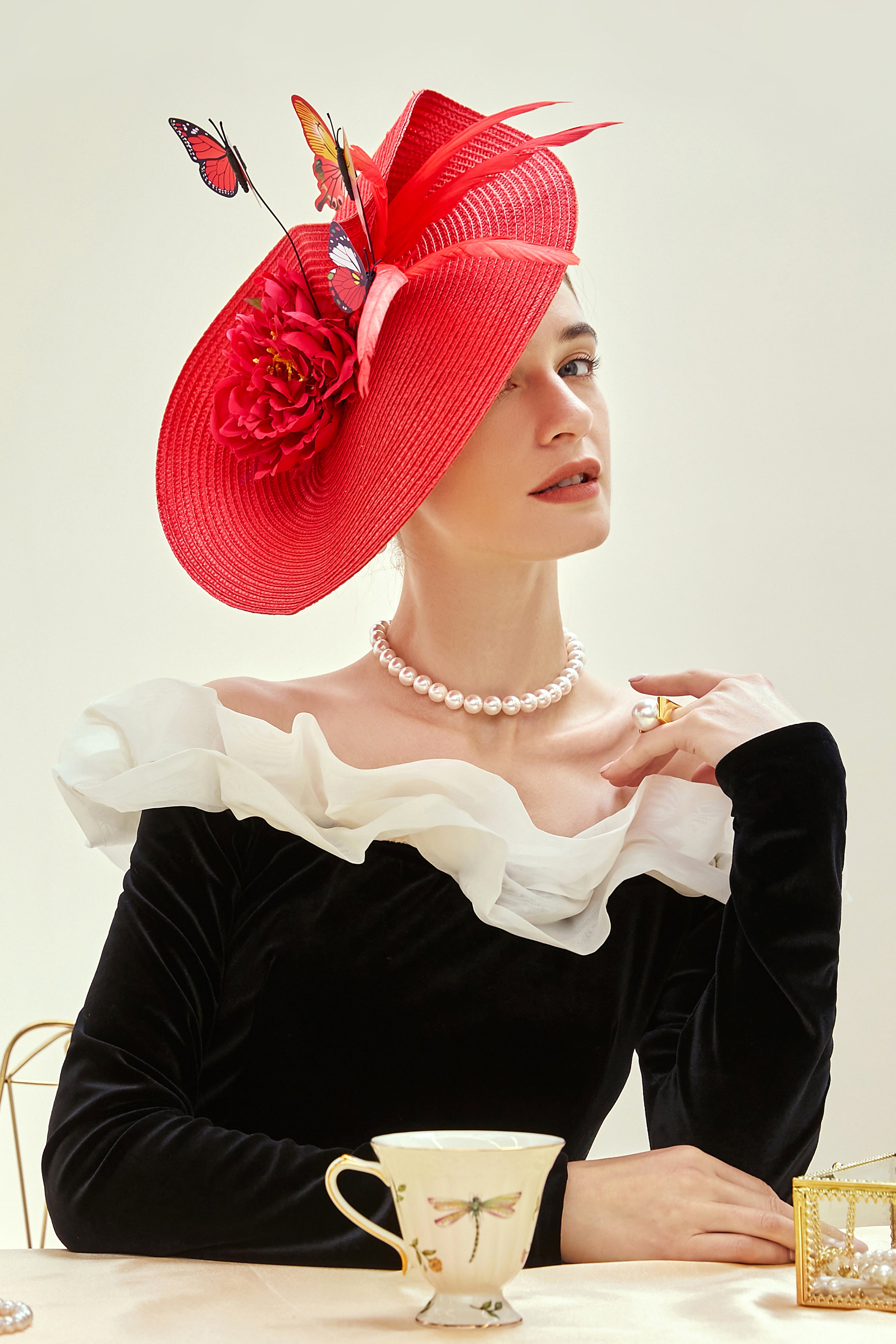 Classic Vintage Wide Brim Fascinator | Red | 4