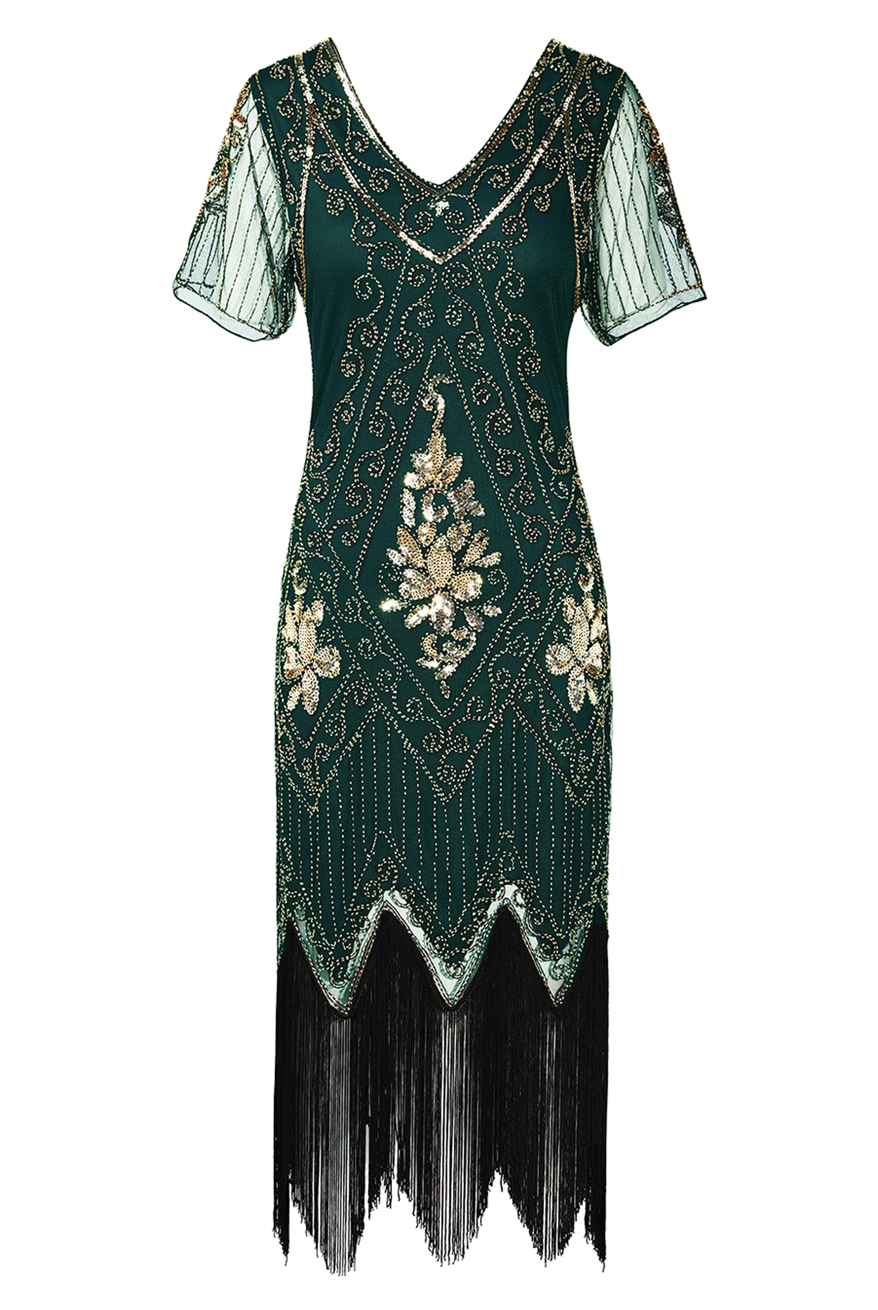 Vintage Paisley Flapper Fringe Dress | Forest Green/Gold | 14