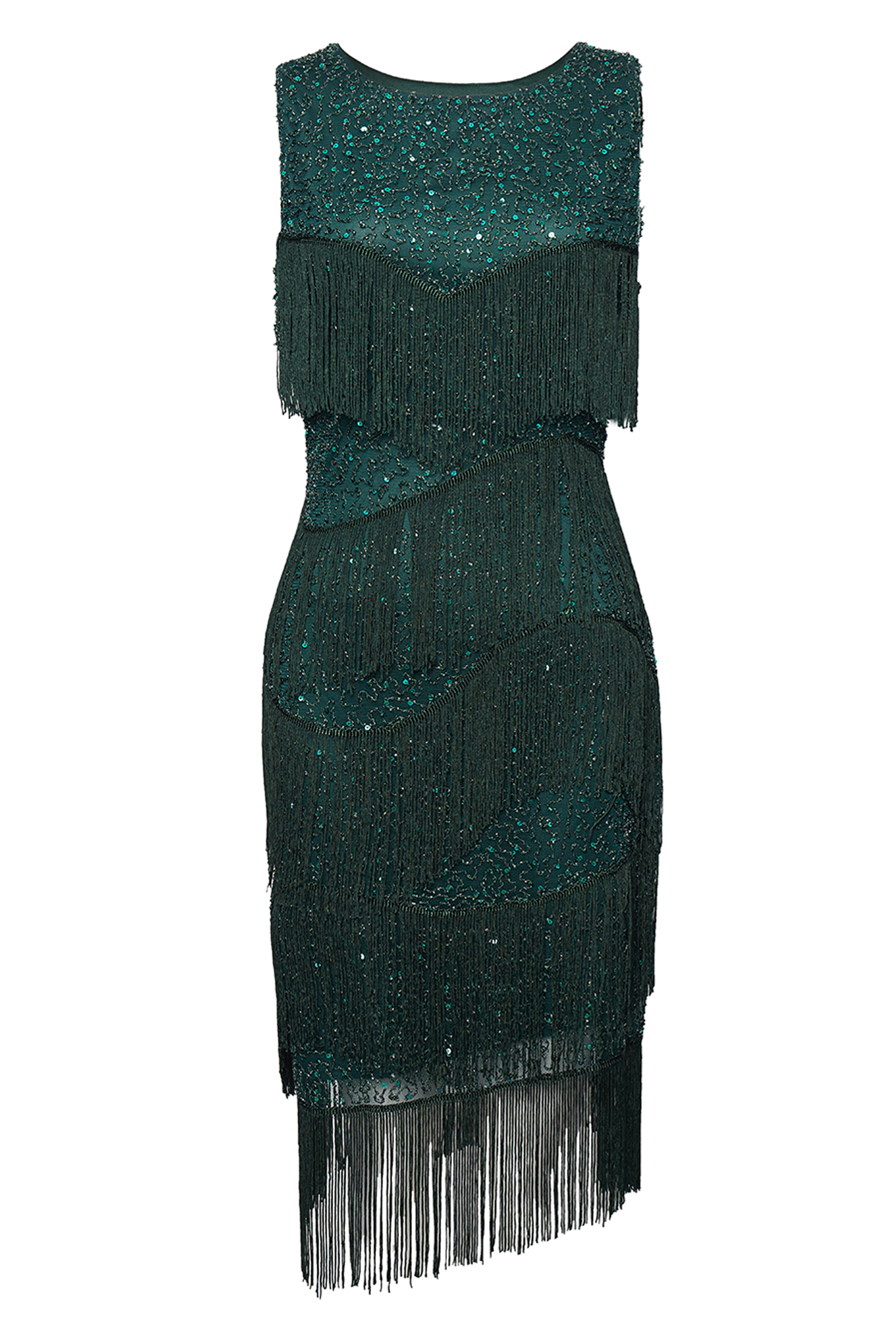 Glitter Tiered Fringe Bias Hem Dress | Pine Green | 2