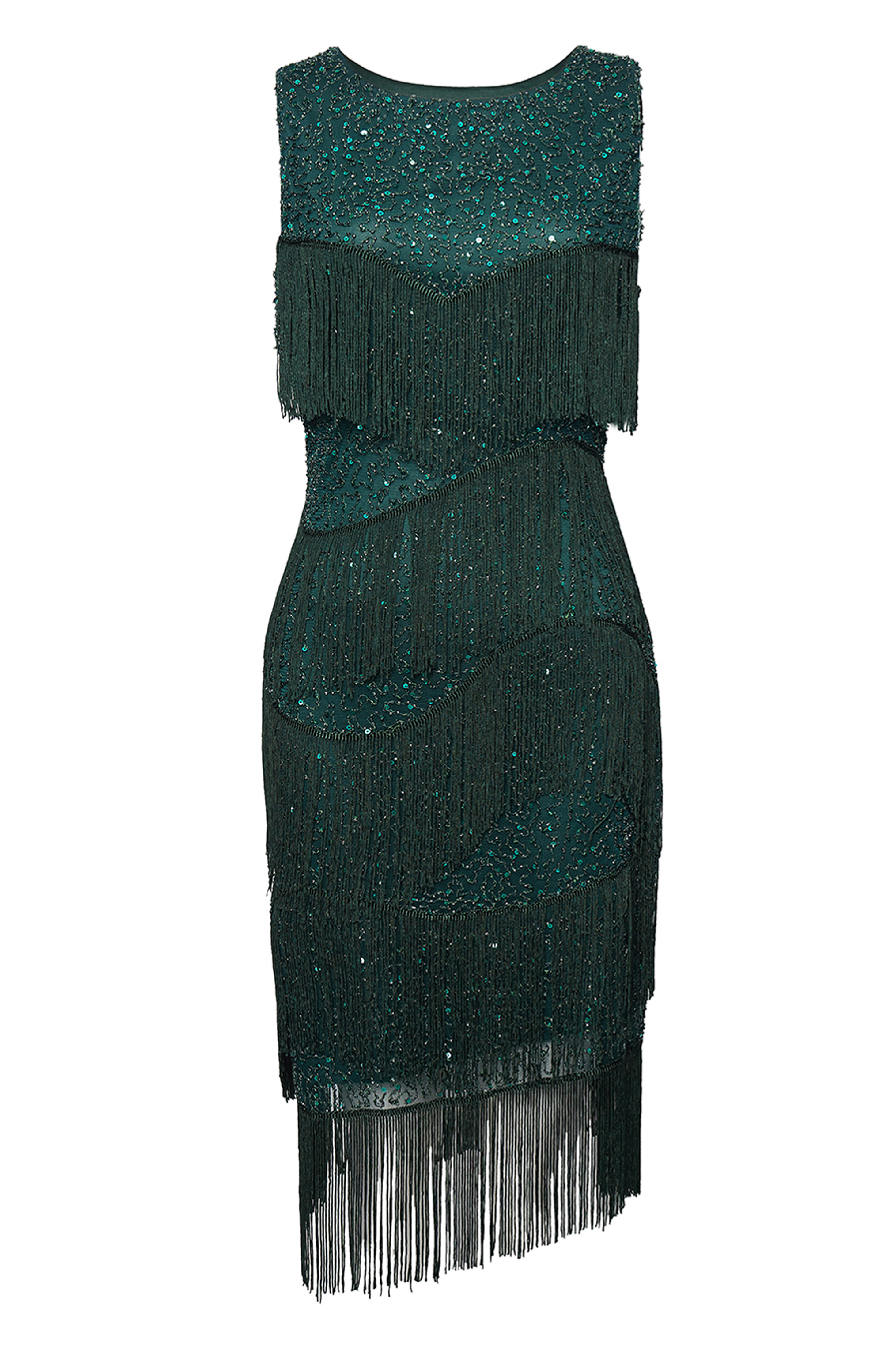 Glitter Tiered Fringe Bias Hem Dress | Pine Green | 2