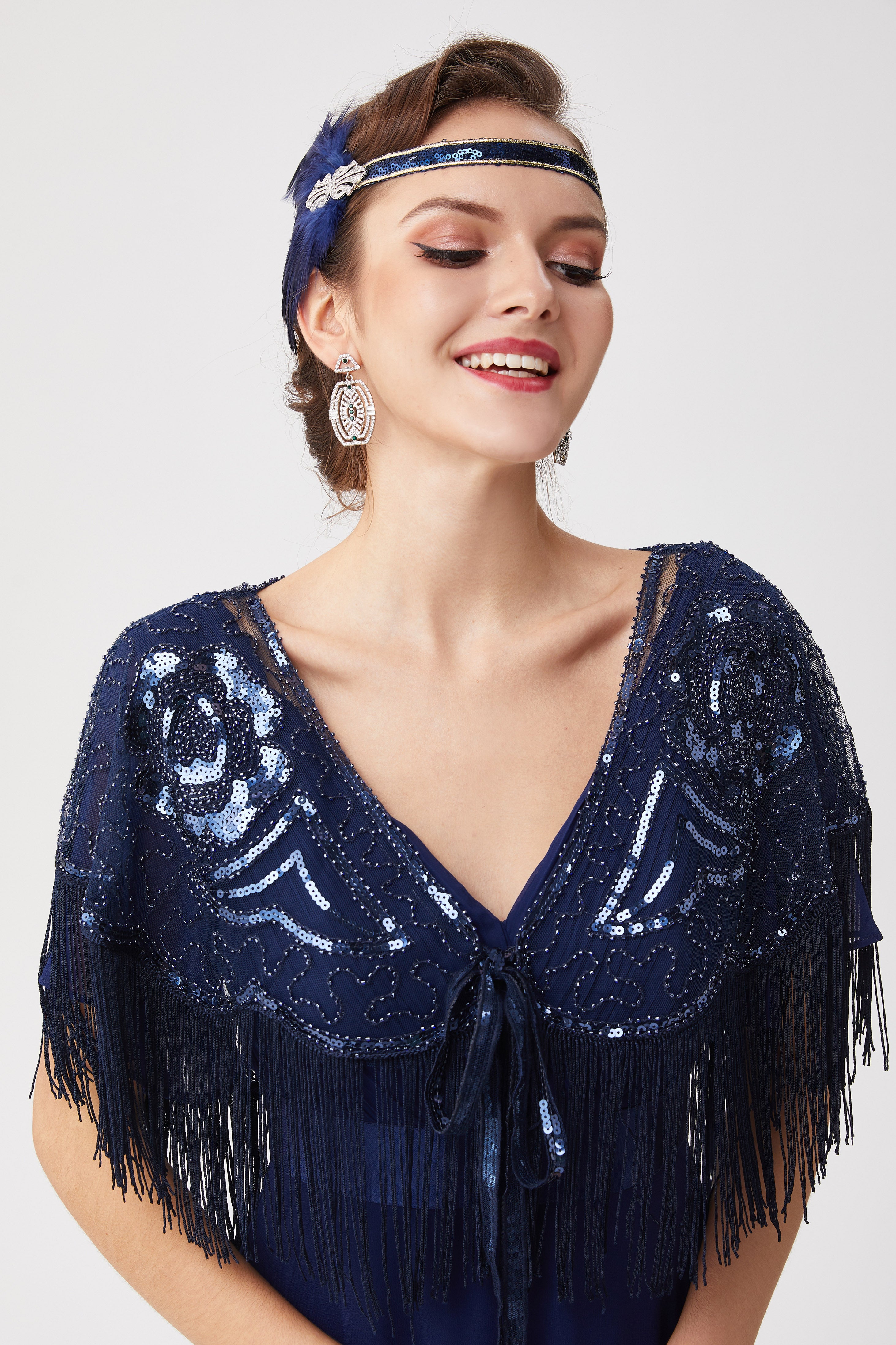1920s Beaded Sequin Gatsby Shawl | Black/Medium Blue | 13