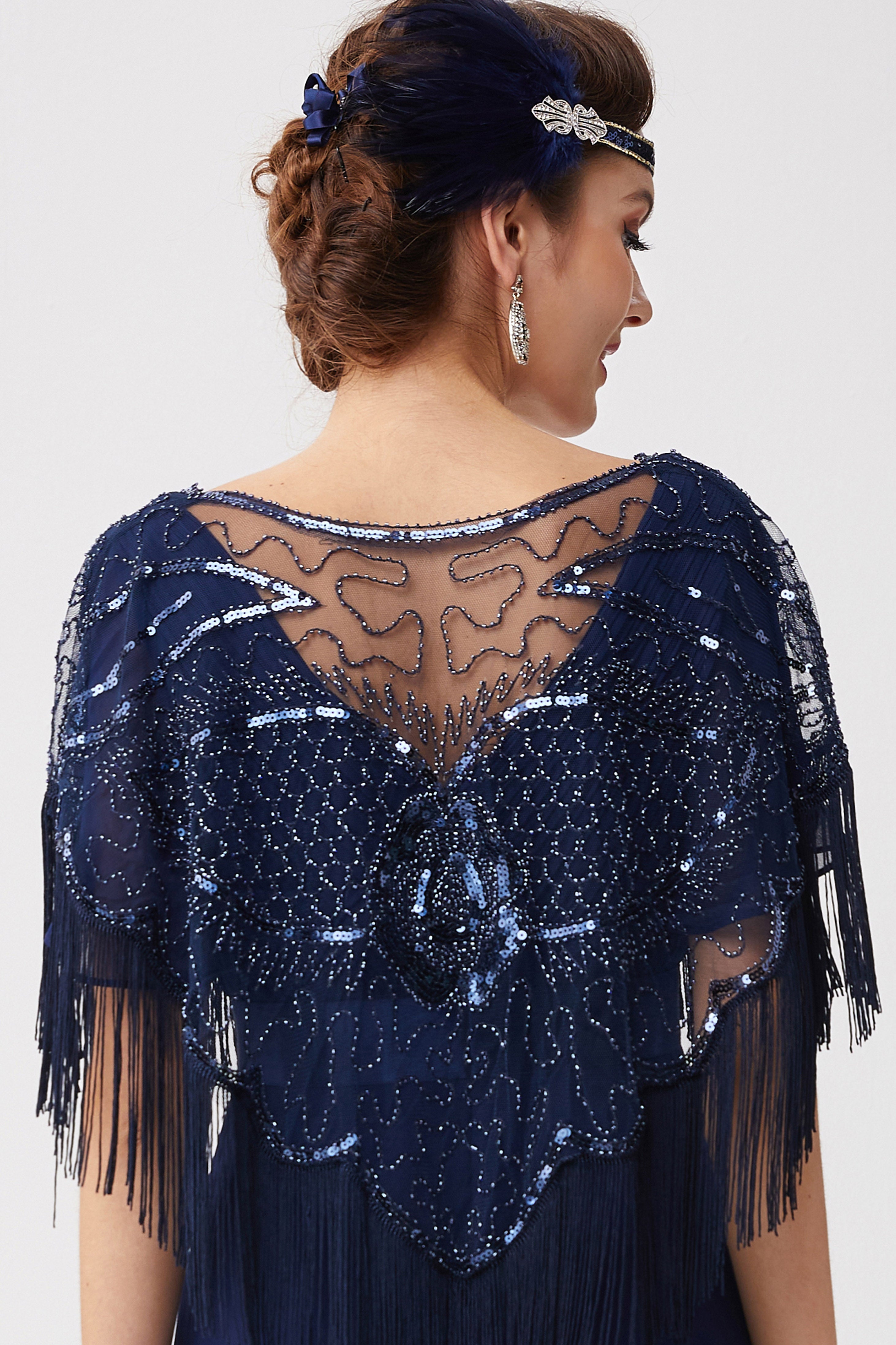 1920s Beaded Sequin Gatsby Shawl | Black/Medium Blue | 15