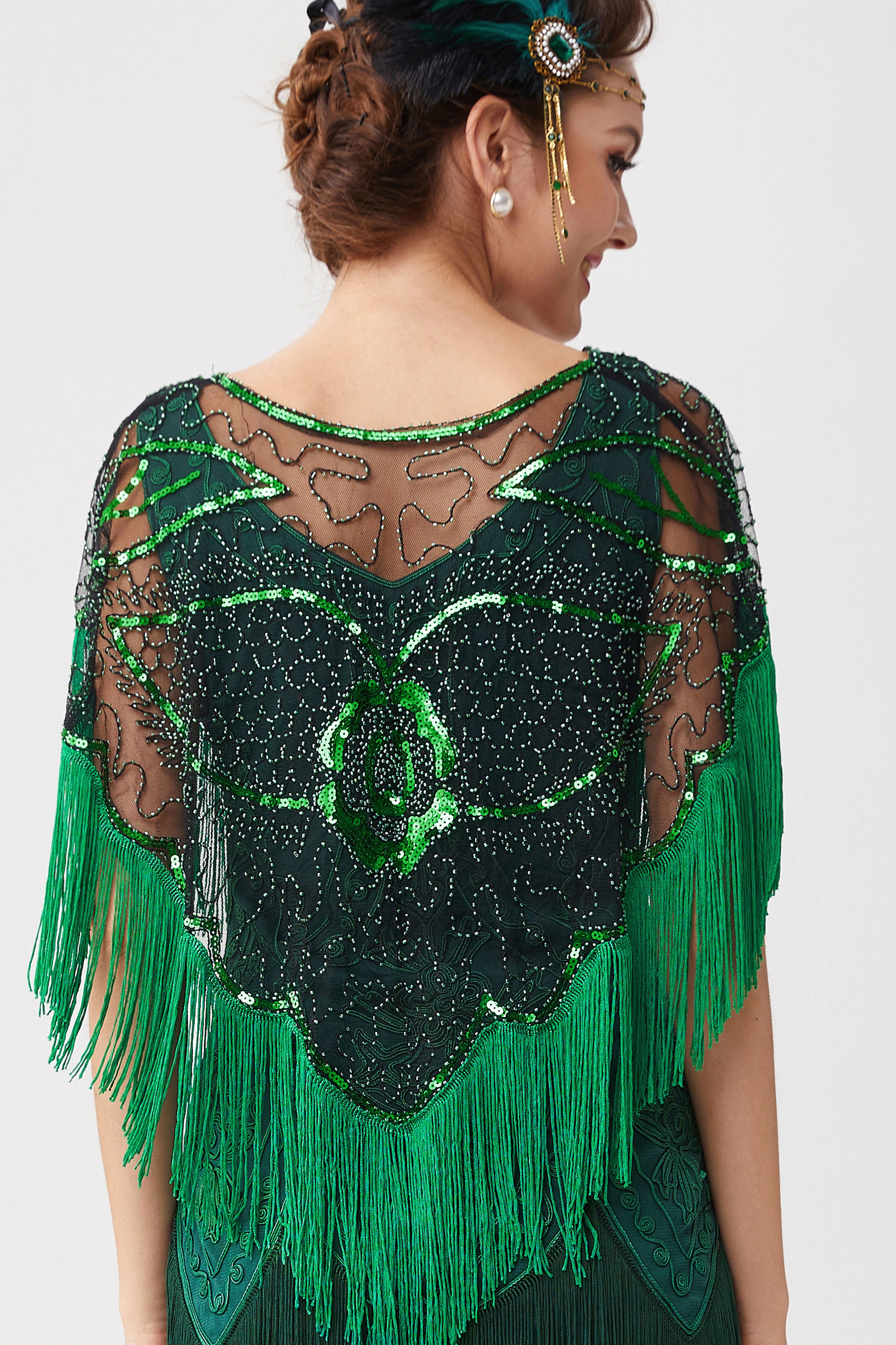 1920s Beaded Sequin Gatsby Shawl | Black/Irish Green | 10