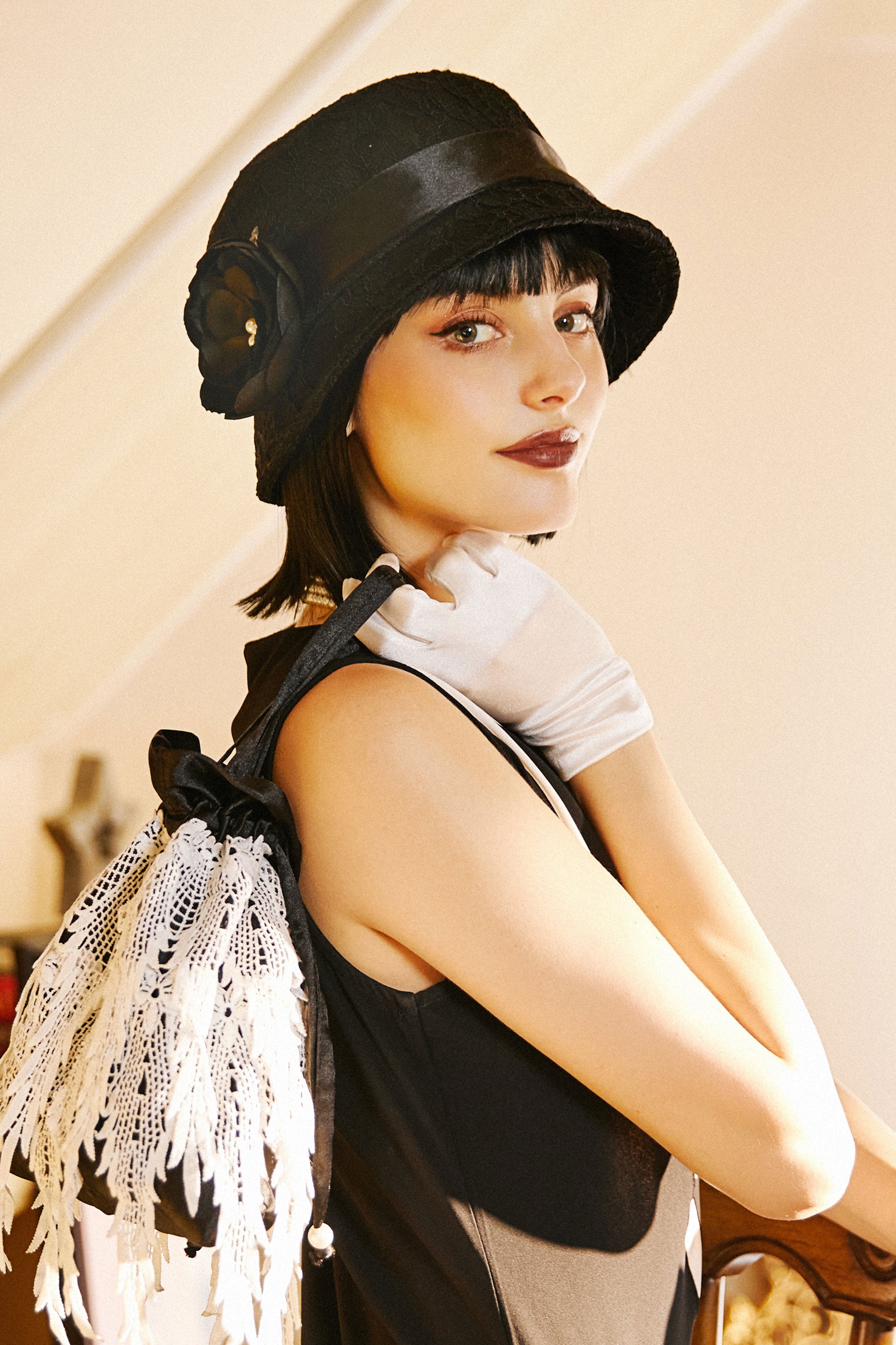 Elegant Lace Floral Gatsby Hat | Black | 2