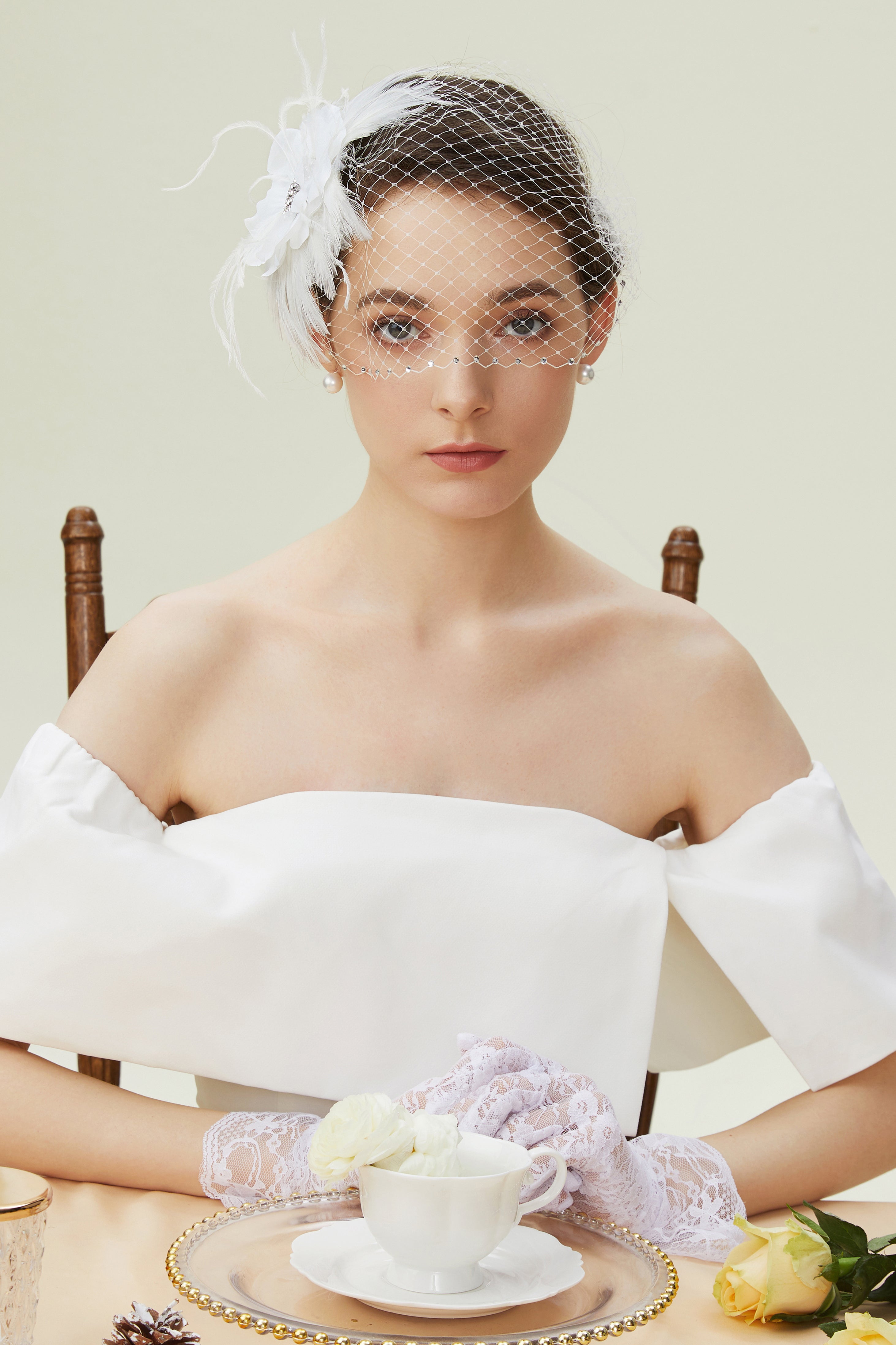 Embellished Rhinestone Floral Veil Fascinator | Beige | 3