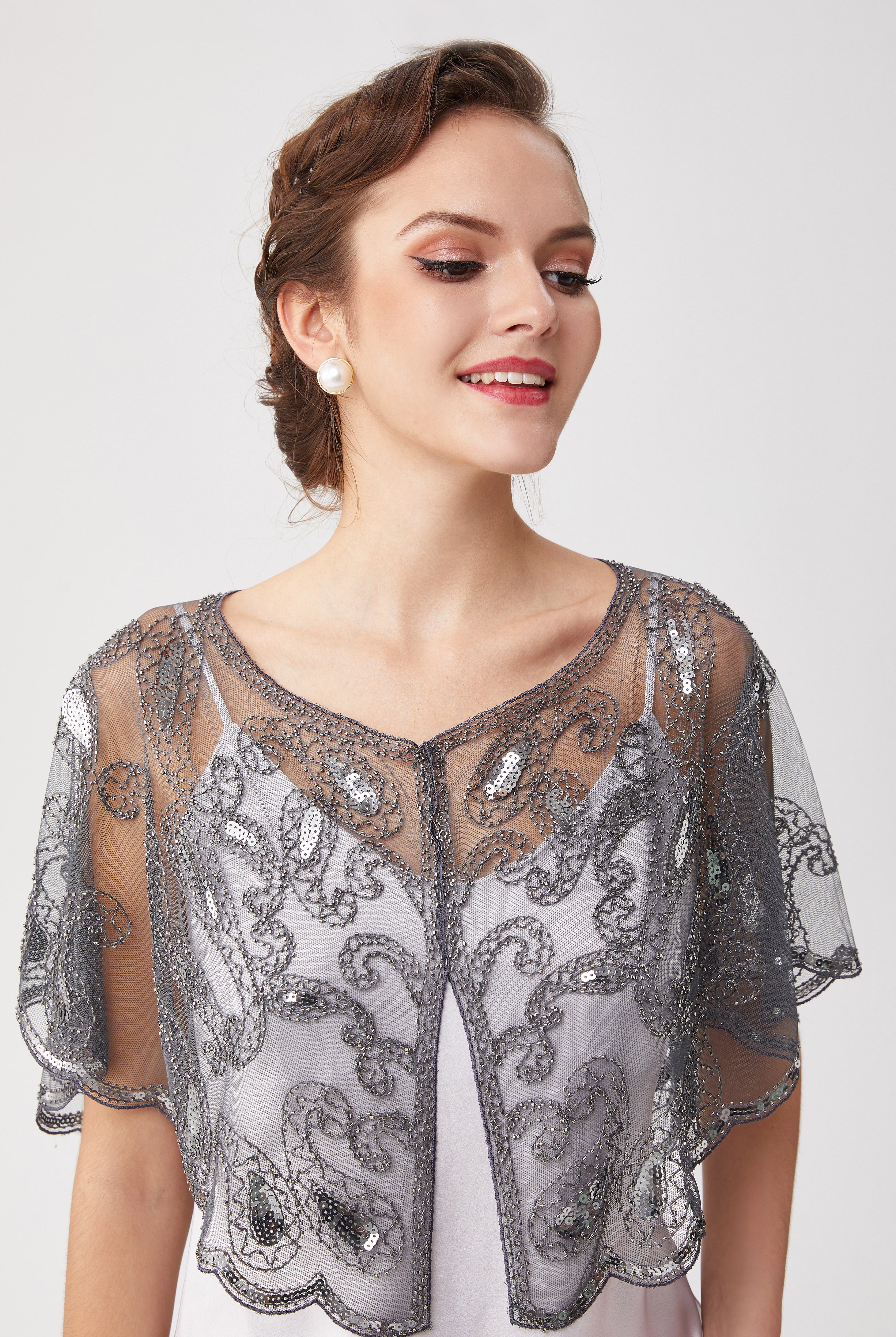 1920s Sequin Beaded Gatsby Shawl | Gray/Silver | 3