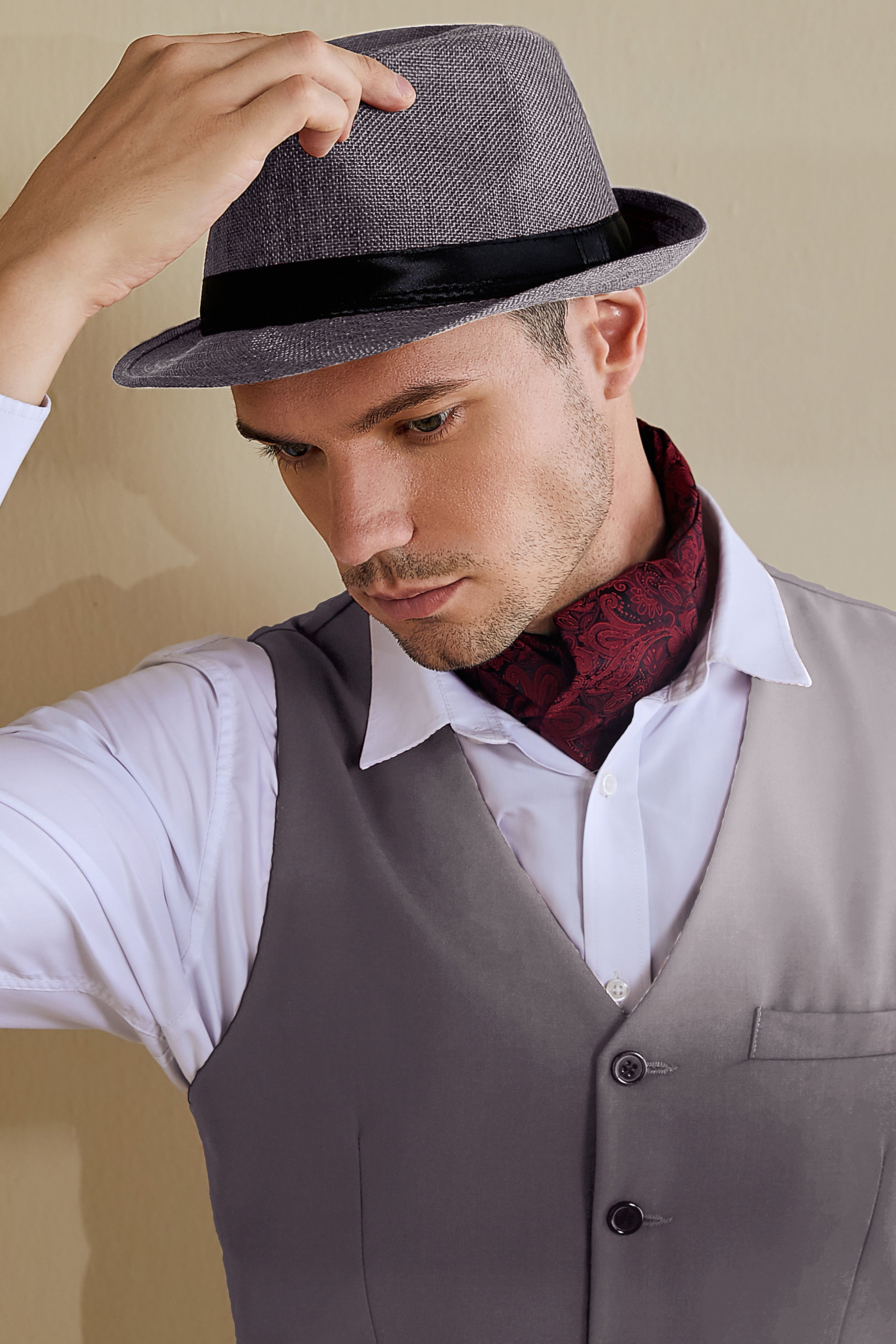 1920s Mens Panama Hat Gatsby Set | Gray | 9