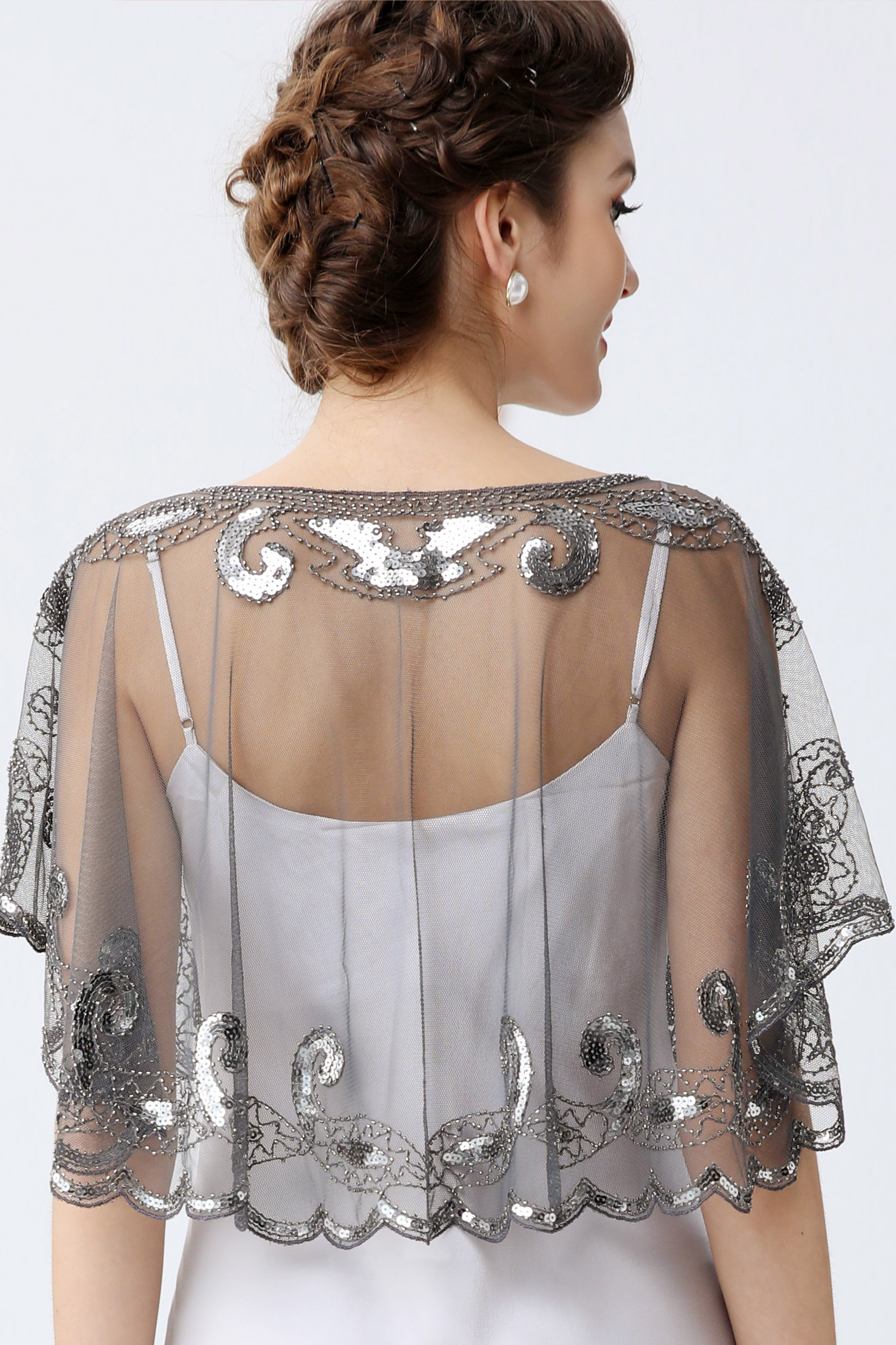 1920s Sequin Beaded Gatsby Shawl | Gray/Silver | 5