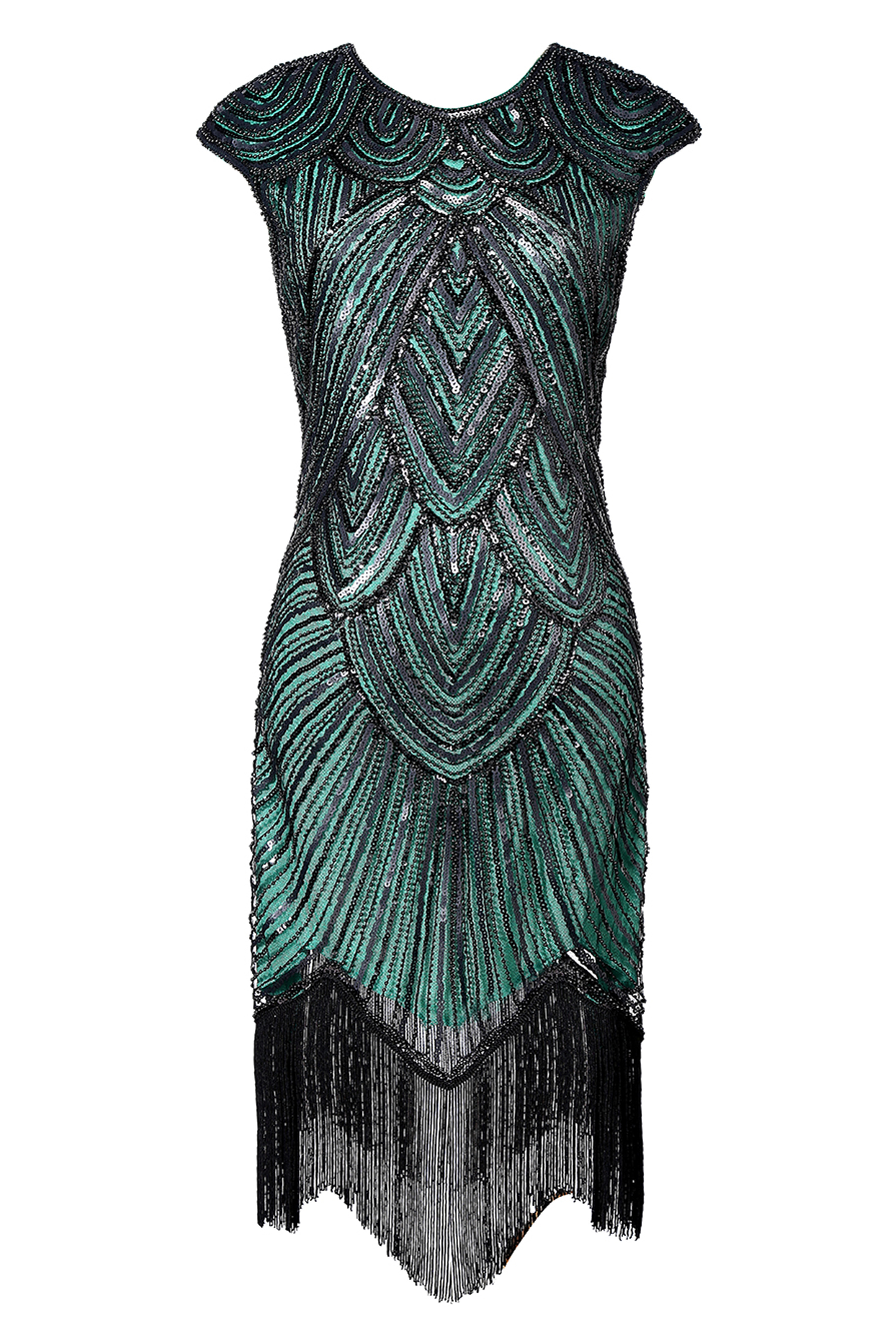 1920s Beaded Sequin Great Gatsby Dress | Turquoise/Black | 8