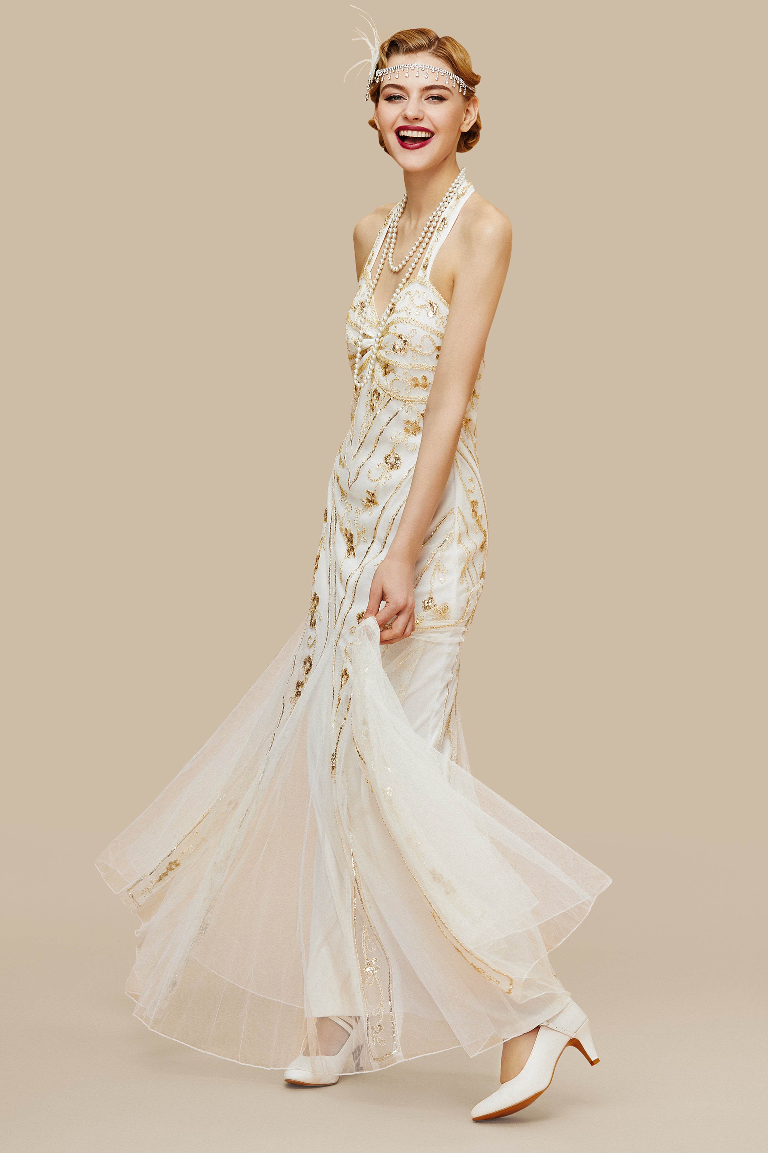 Halter Neck Sequin Mermaid Maxi Dress | White | 4