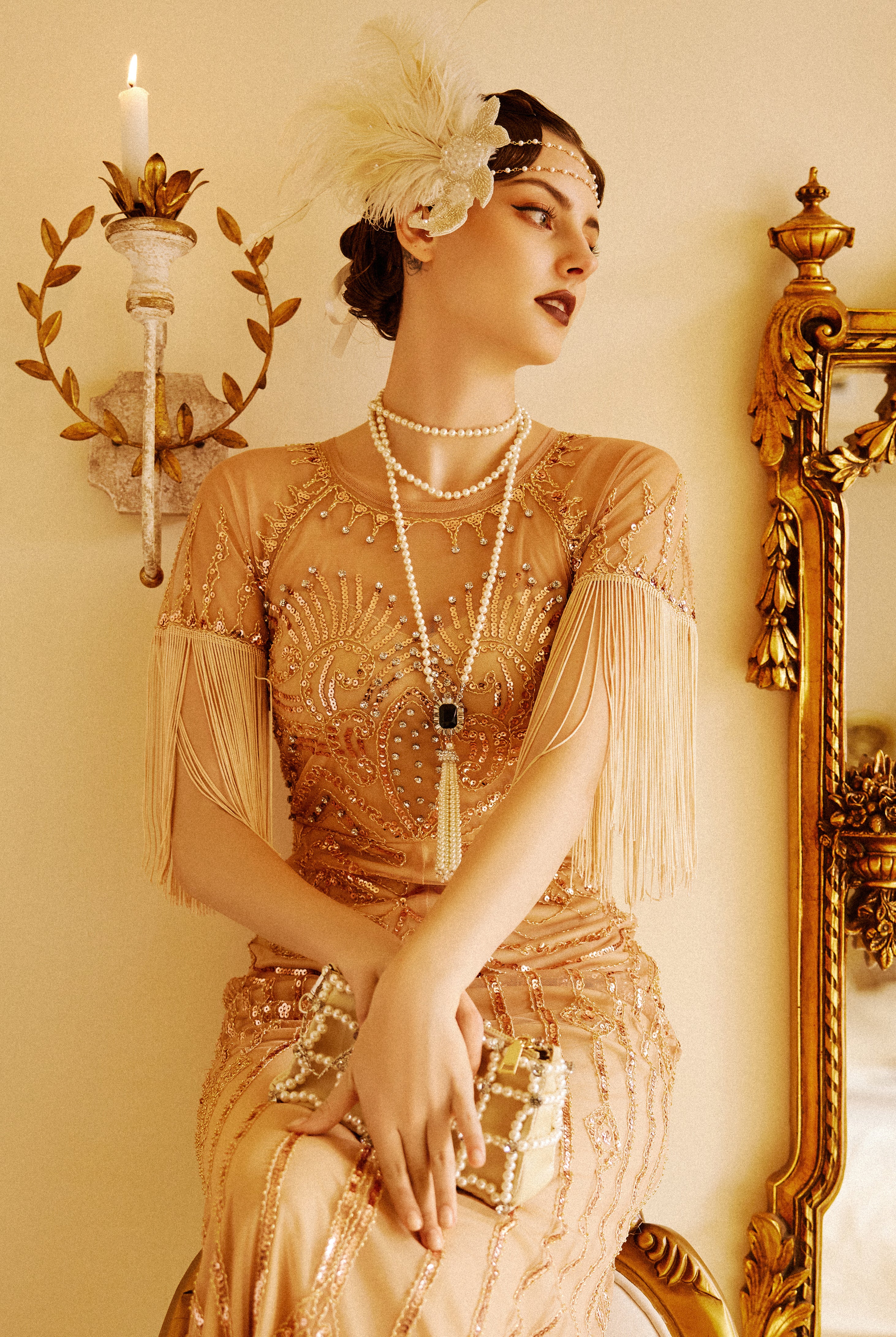 Luxurious Gem Pearl Tassel Necklace | Beige | 2