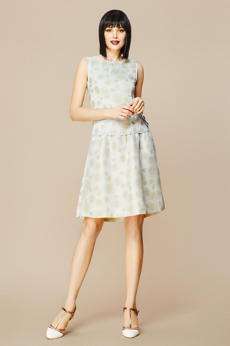 woman in Printed Trimmed Belt Sleeveless Dress