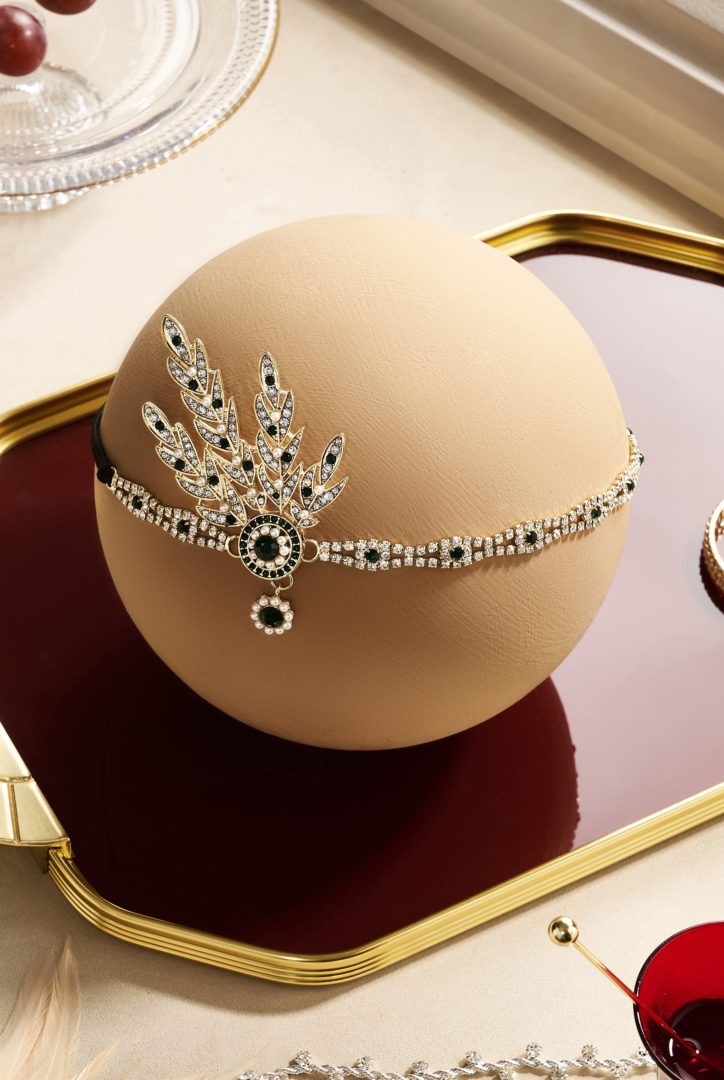 Rhinestone Studded Leaf Hairband | Green | 16