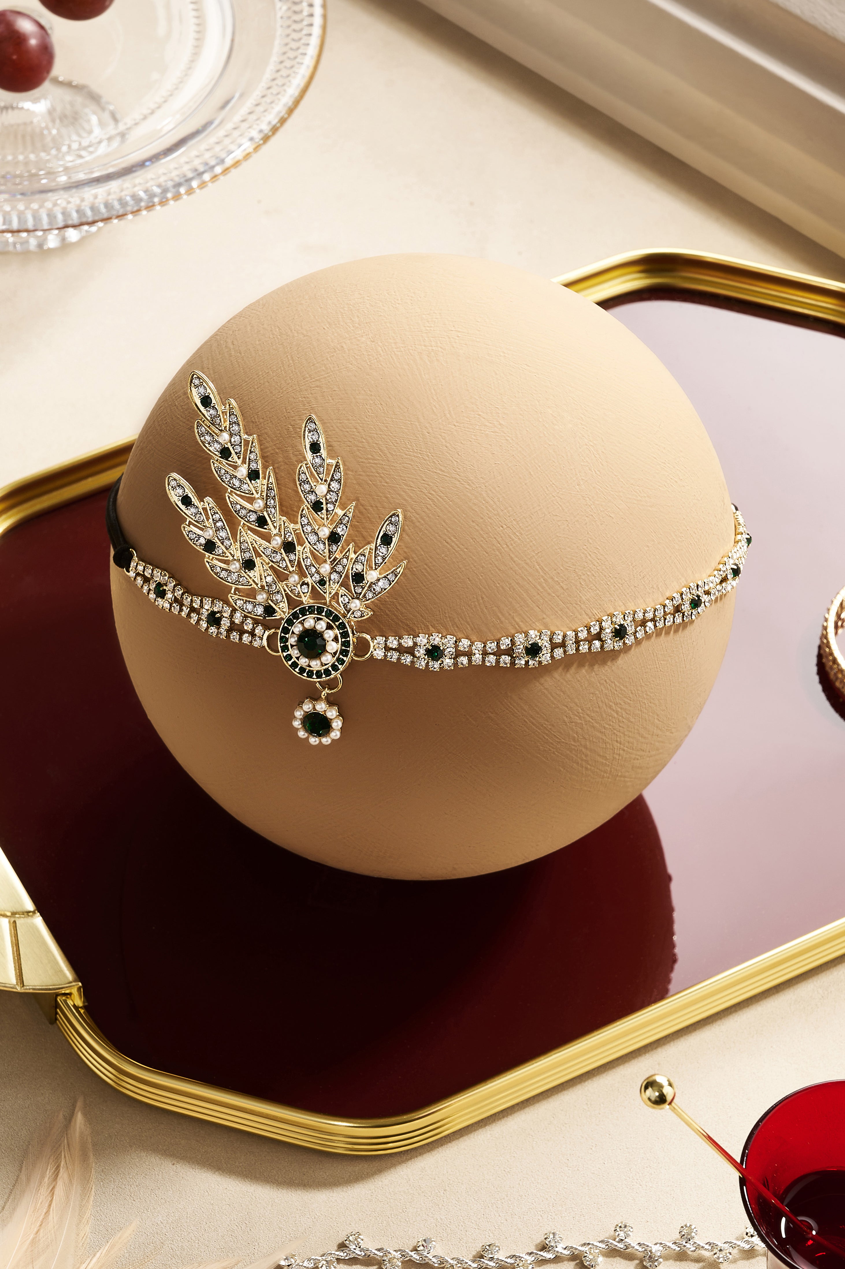 Rhinestone Studded Leaf Hairband | Green | 16