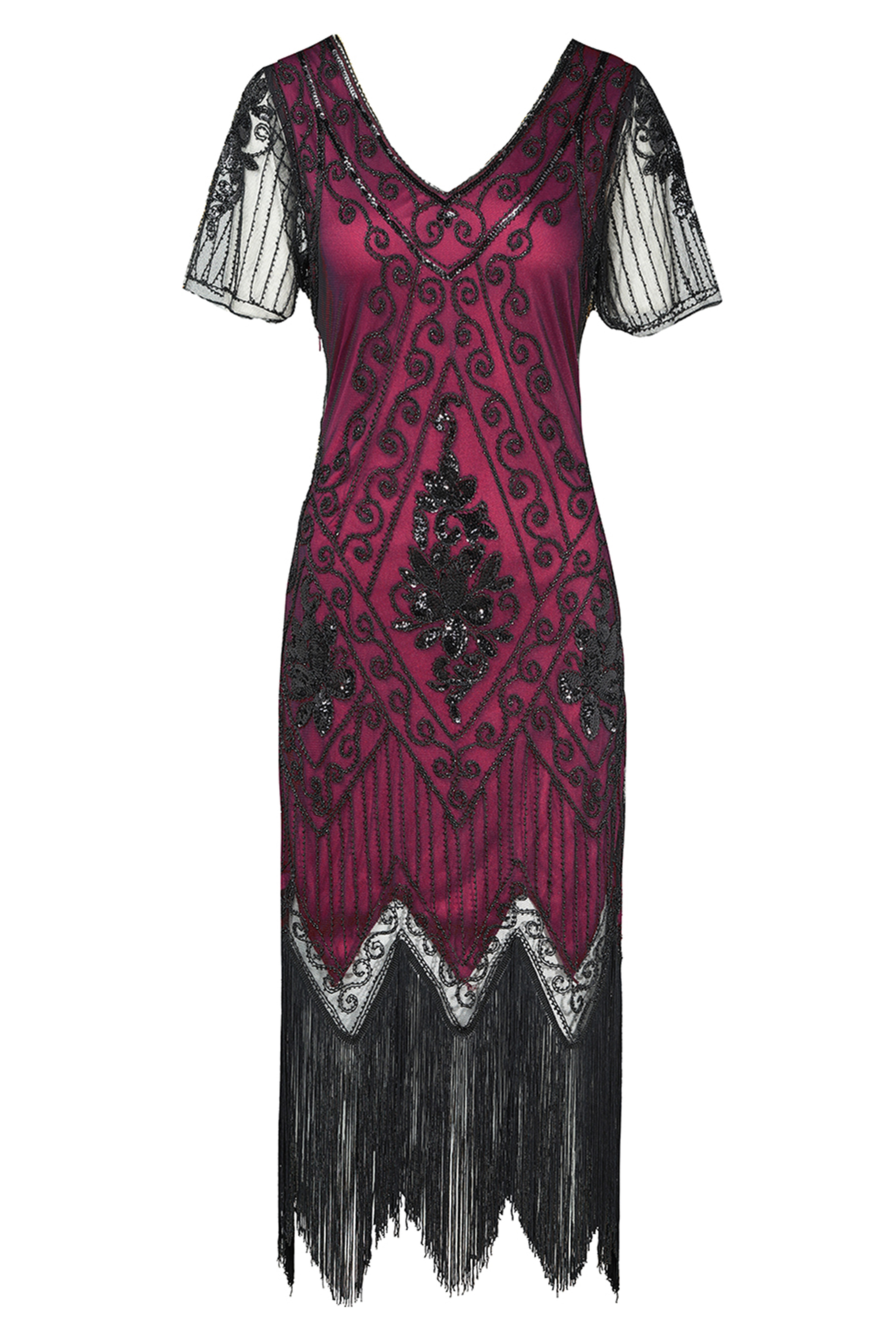 Vintage Paisley Flapper Fringe Dress | Earthy Red/Black | 10