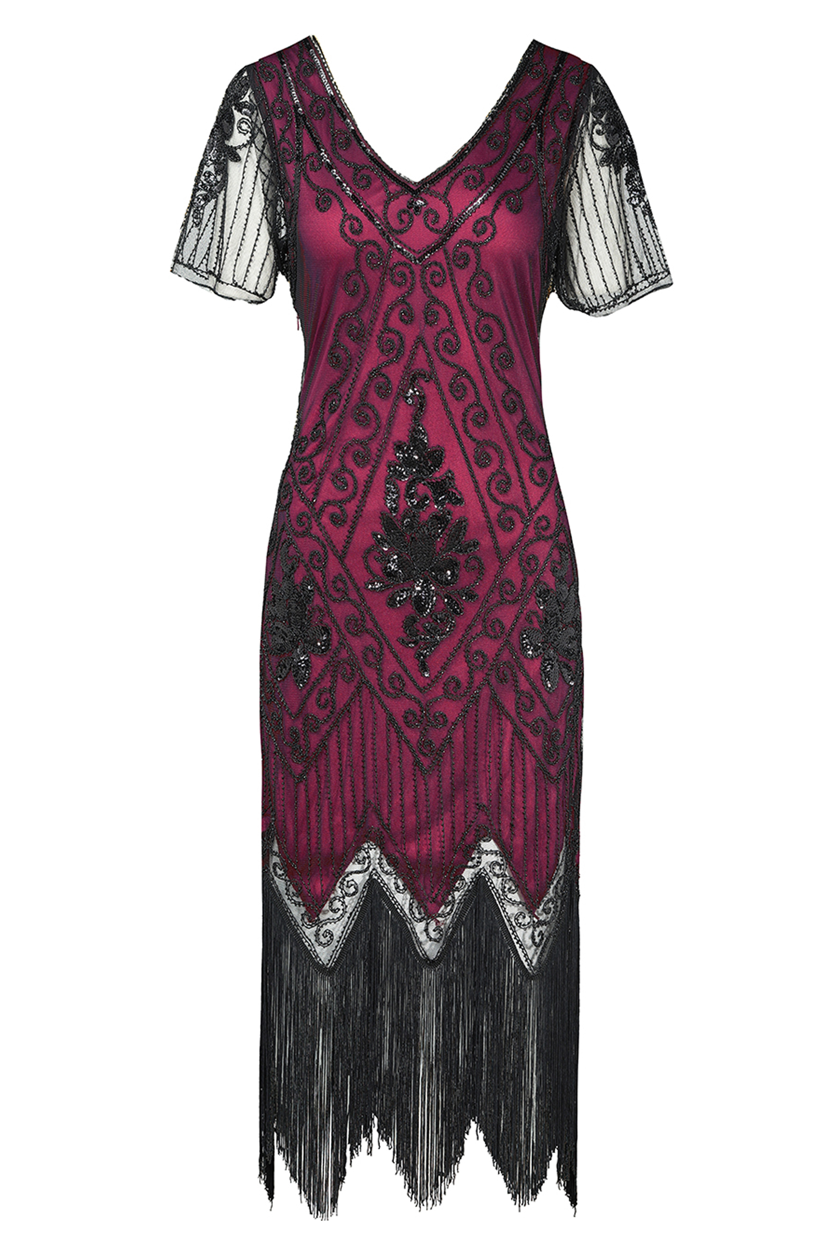 Vintage Paisley Flapper Fringe Dress | Earthy Red/Black | 10