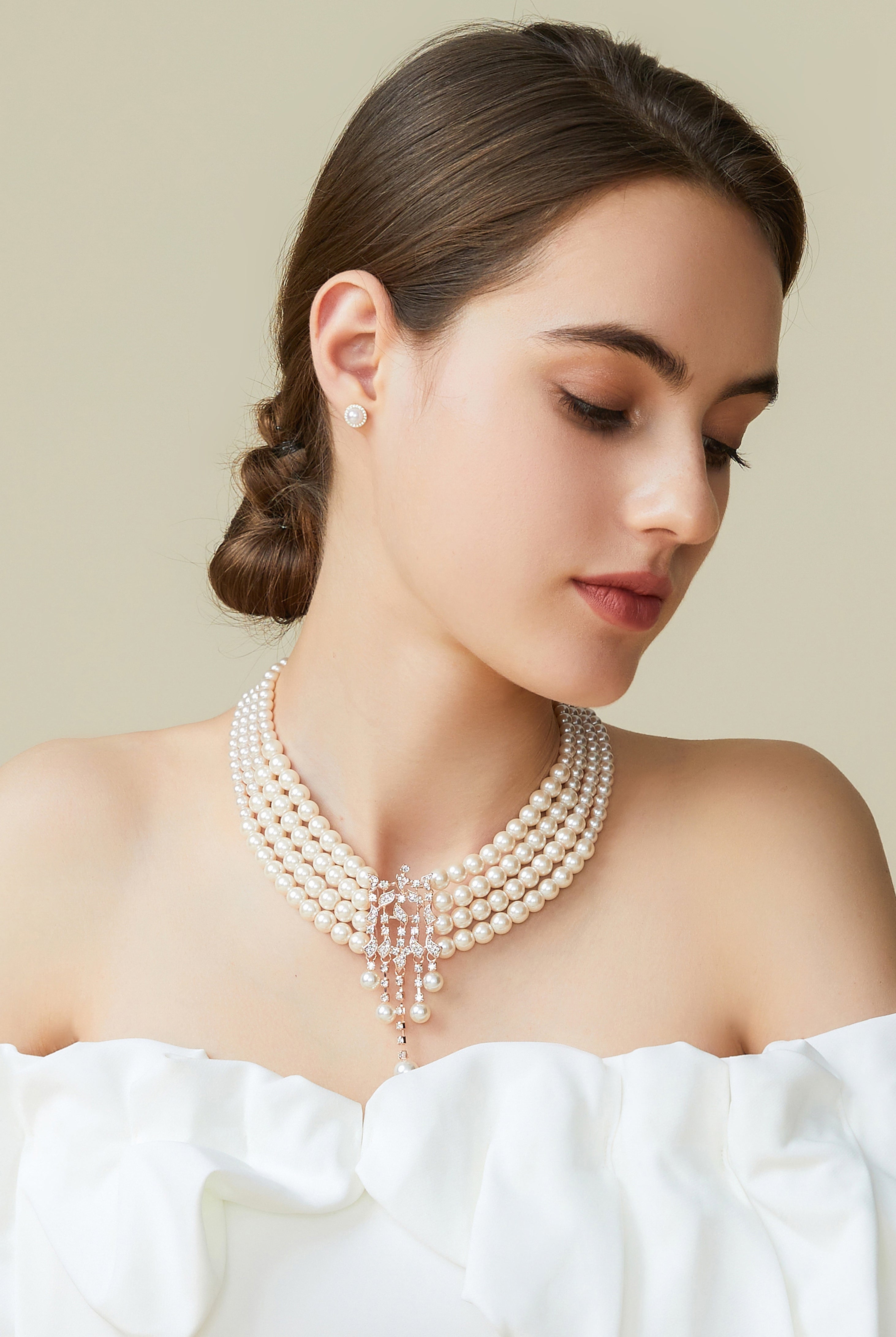 Rhinestone Studded Multi-layer Pearl Necklace | White | 2