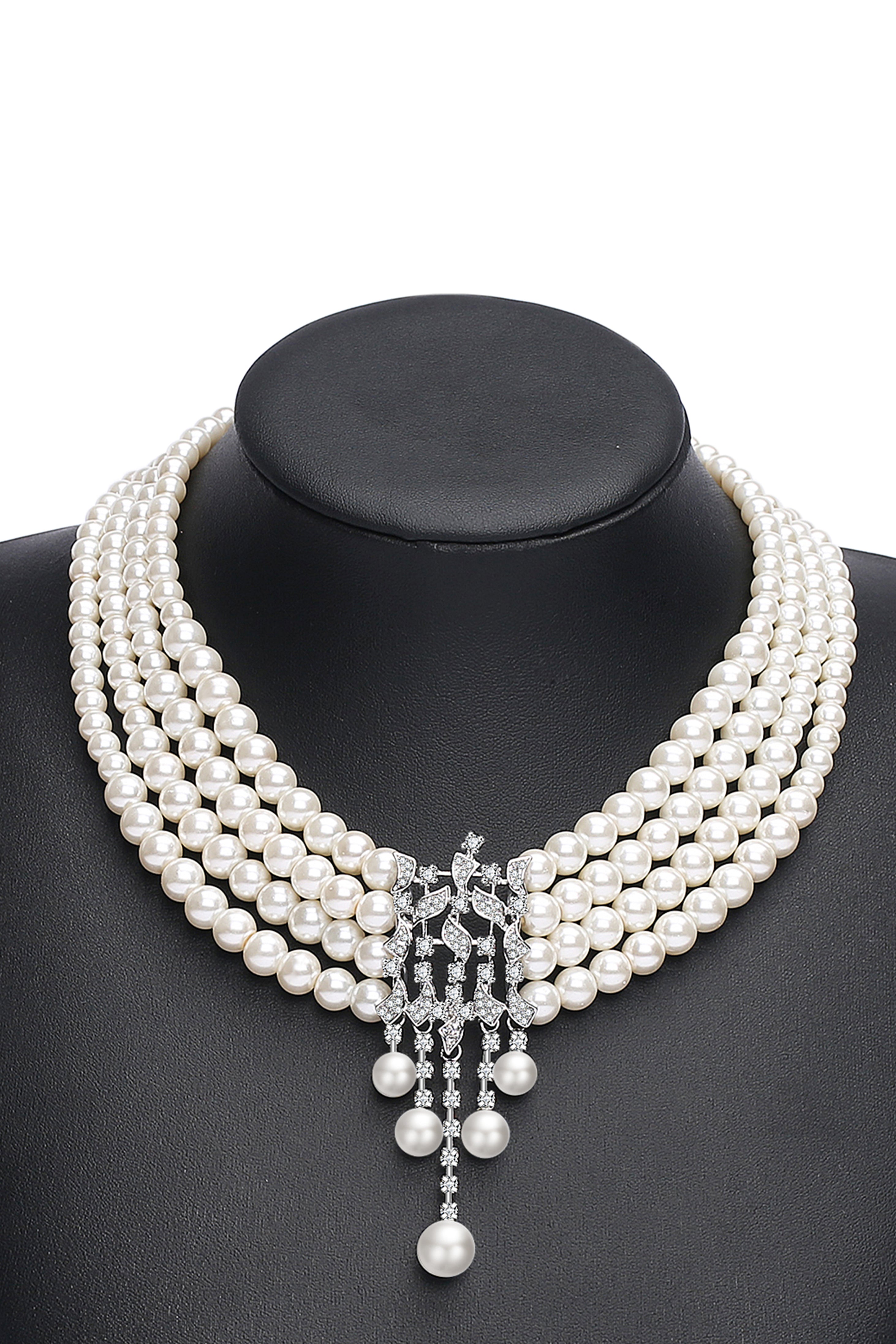 Rhinestone Studded Multi-layer Pearl Necklace | White | 4