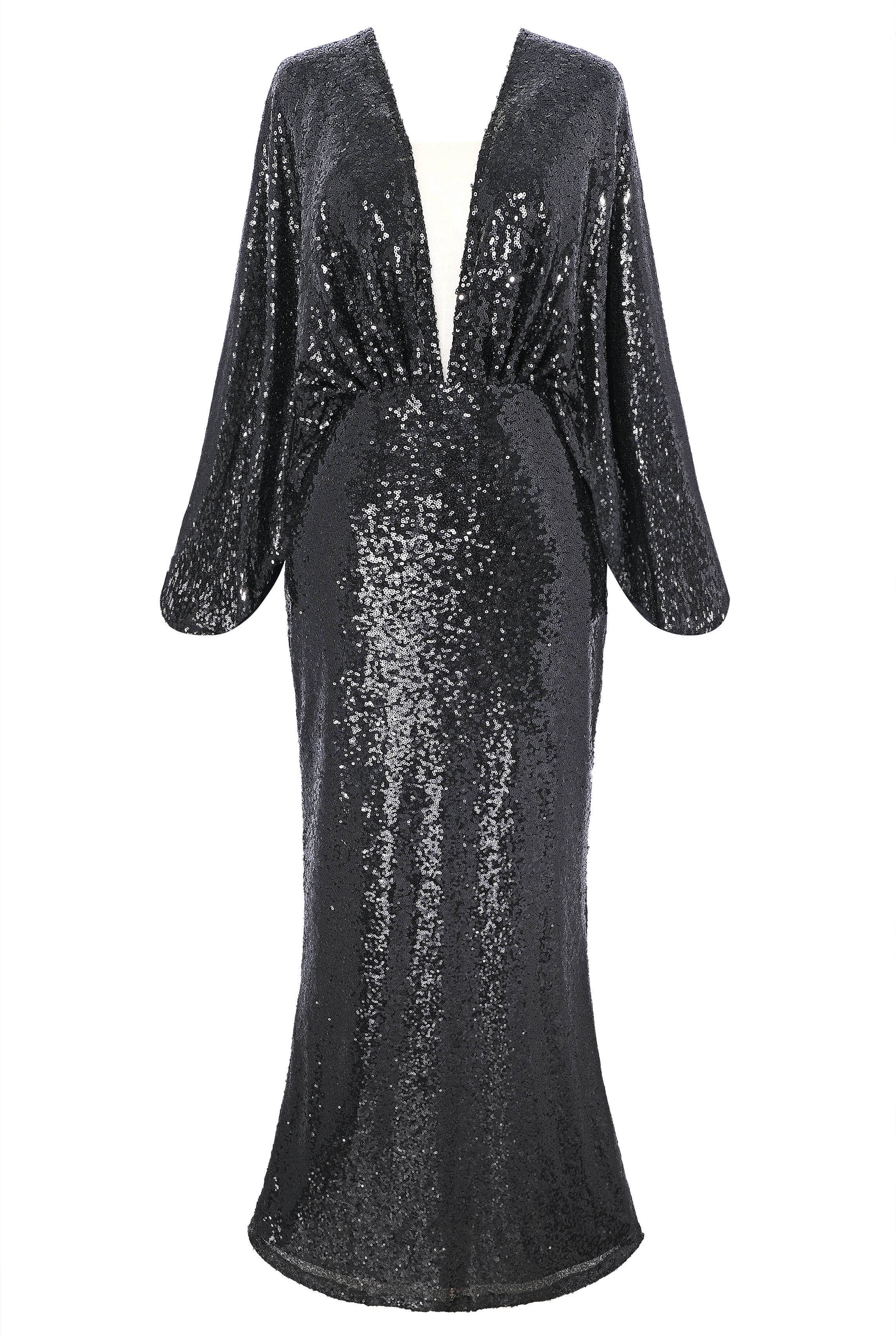 Scoop Neck Sheer Angel Sleeve Maxi Dress | Black | 1