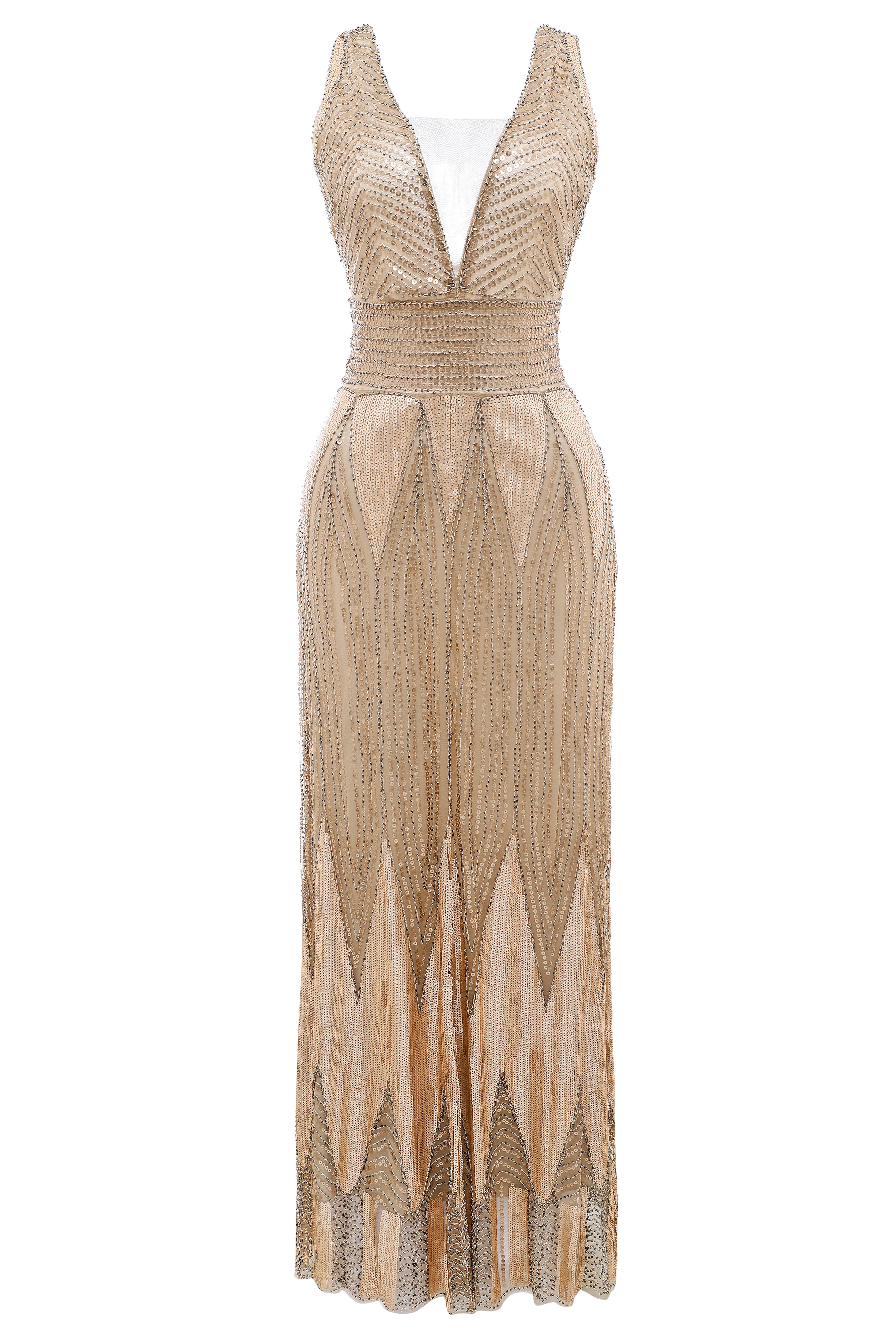 Scoop Neck Sheer Side Slit Sequin Dress | Apricot | 3