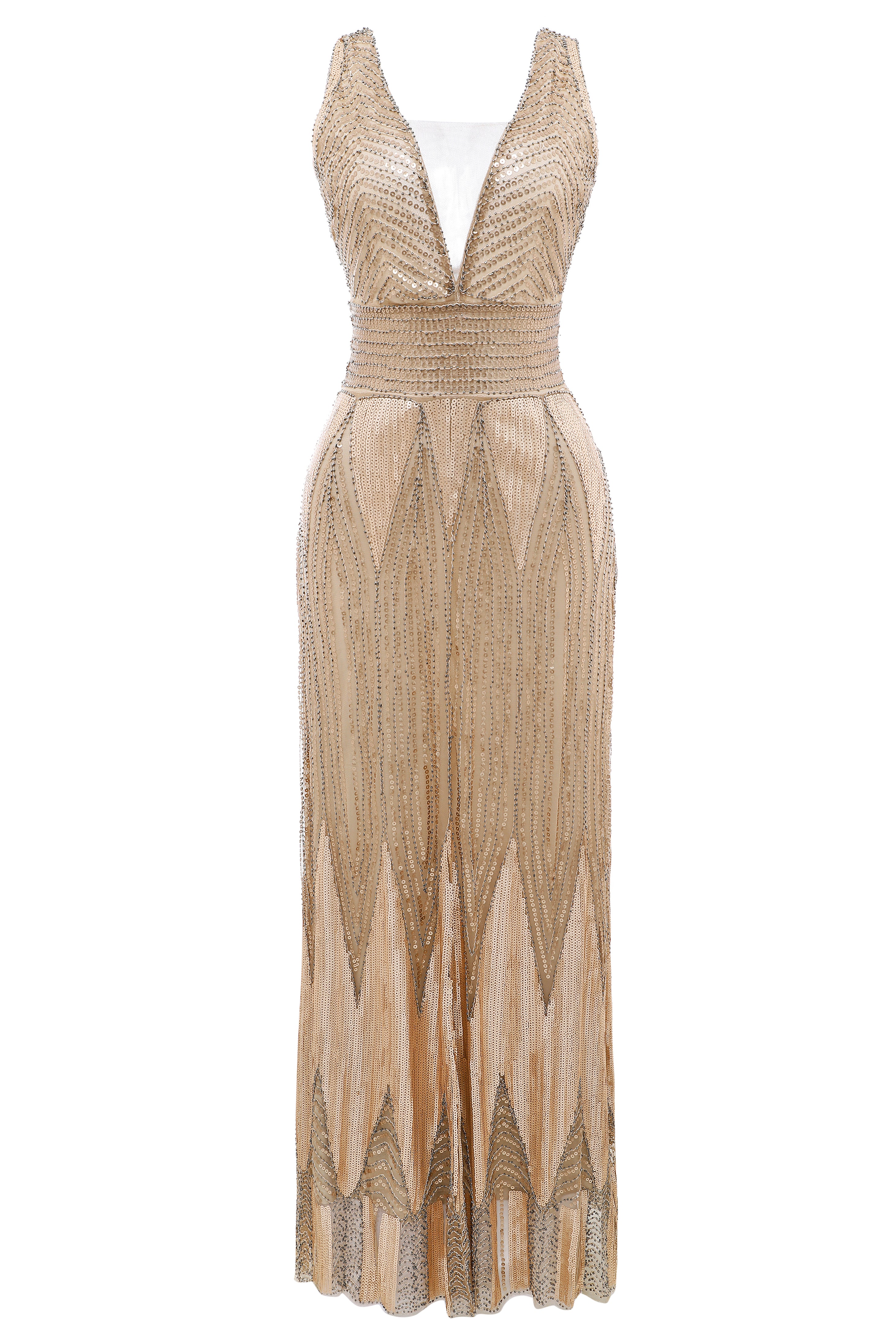 Scoop Neck Sheer Side Slit Sequin Dress | Apricot | 3