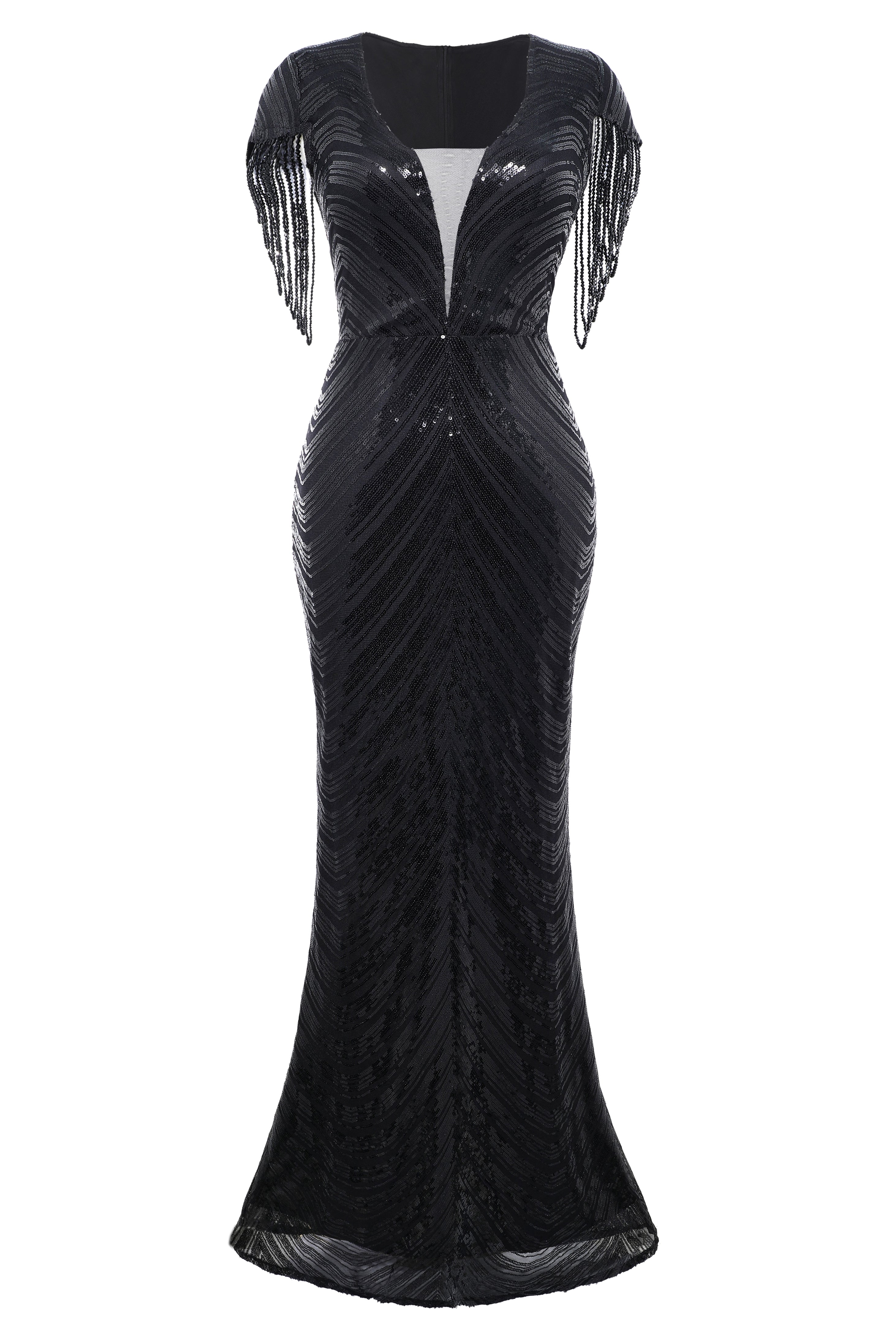 Sheer Scoop Neck Iridescent Sequin Dress | Black | 1