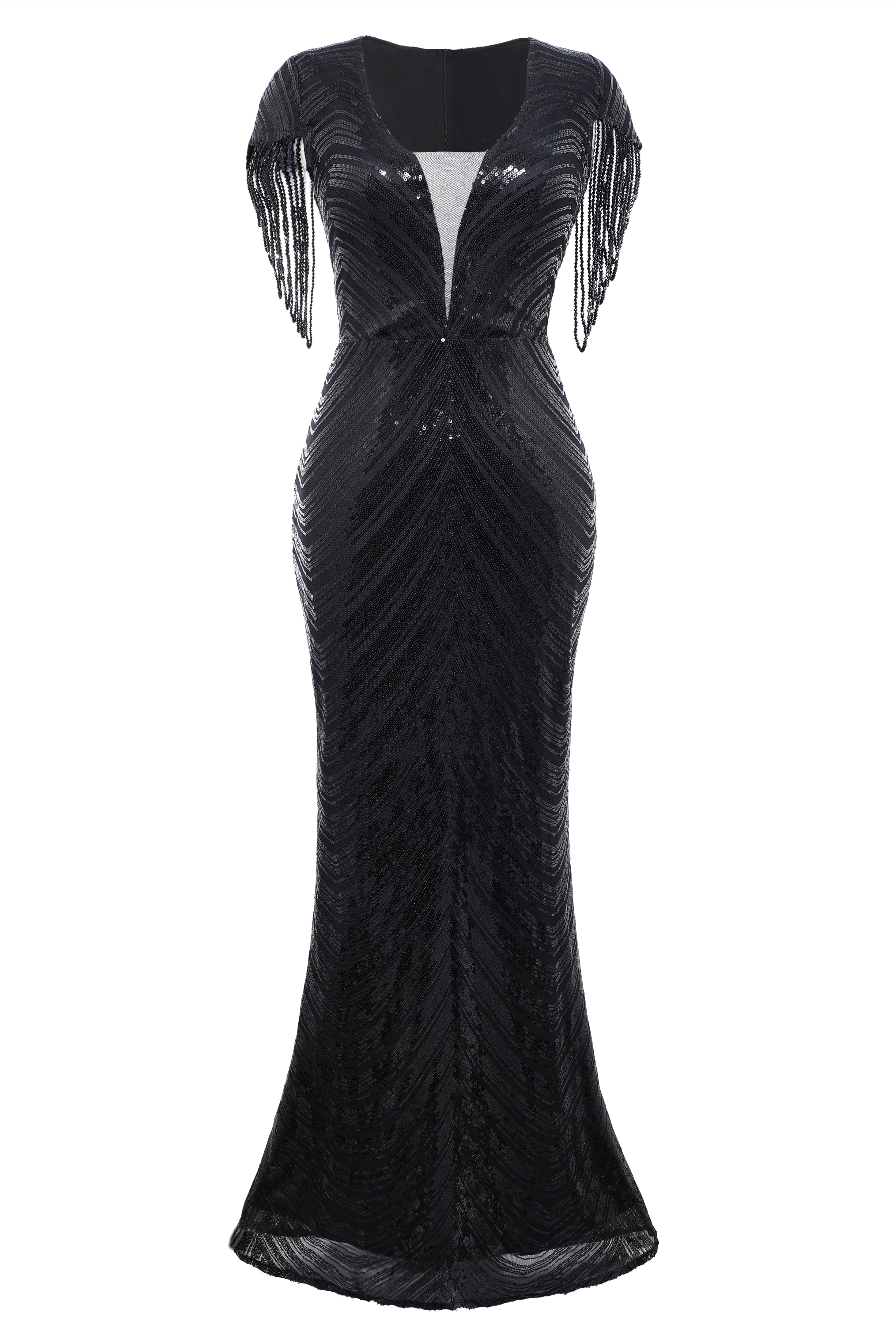 Sheer Scoop Neck Iridescent Sequin Dress | Black | 1