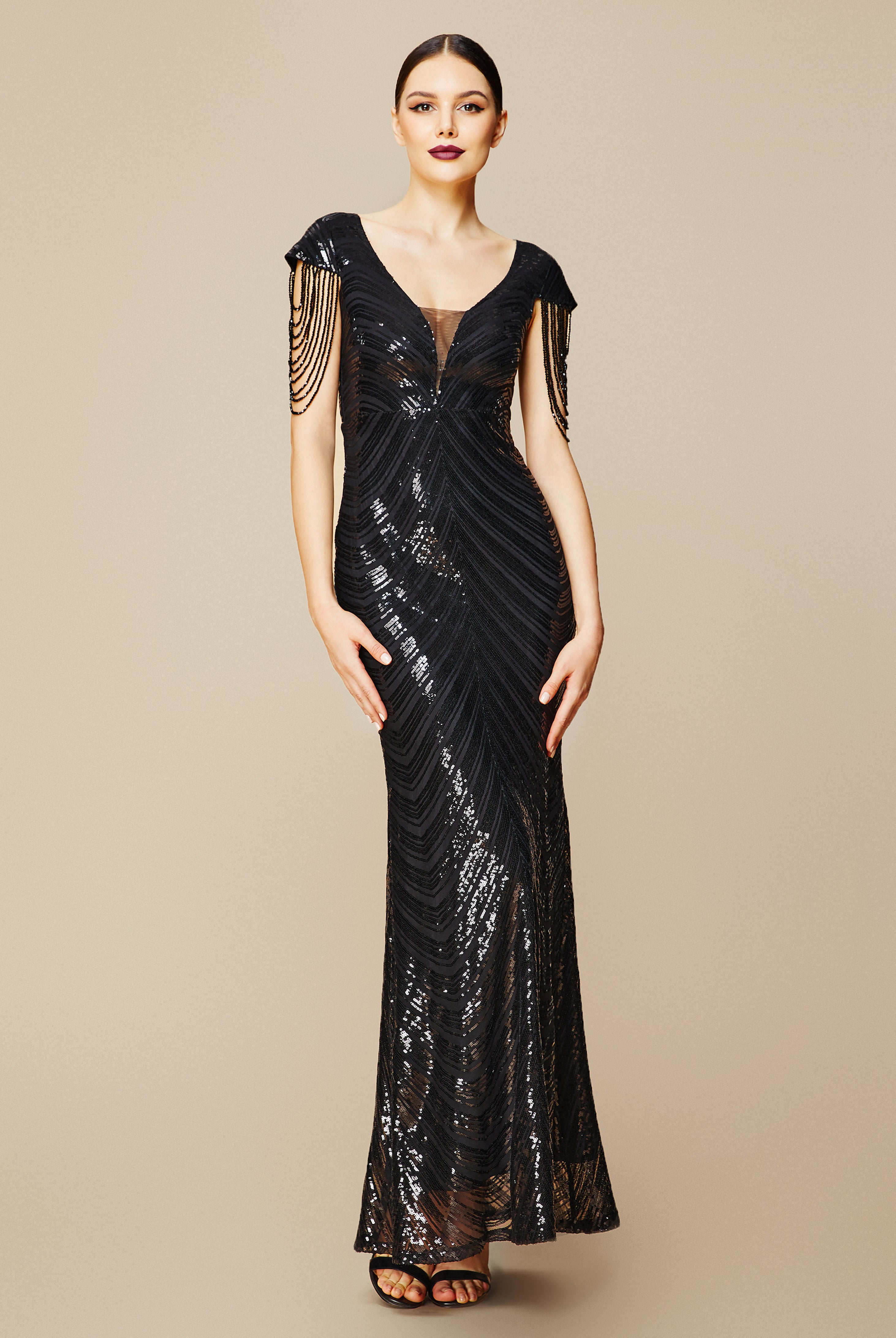 Sheer Scoop Neck Iridescent Sequin Dress | Black | 2