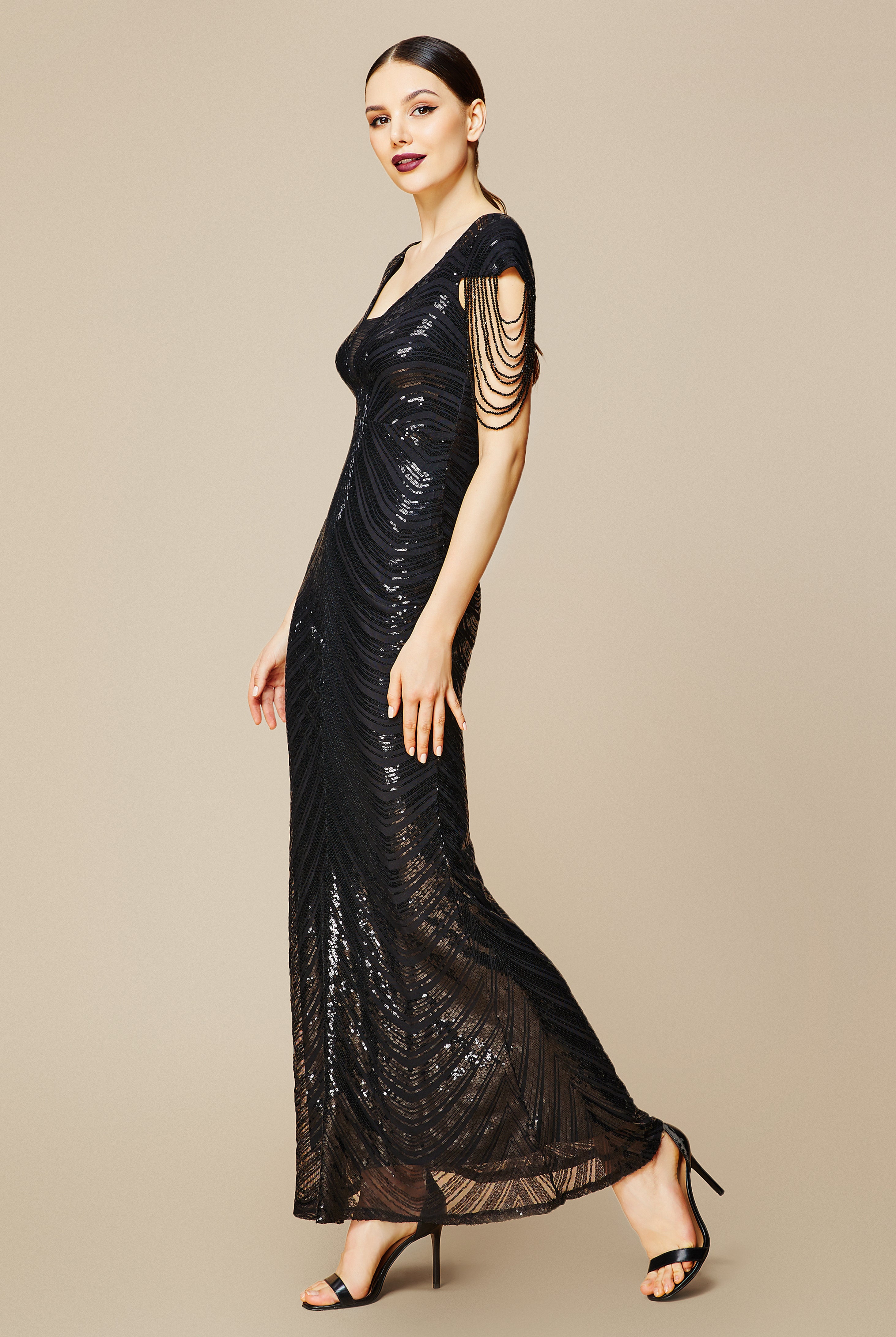 Sheer Scoop Neck Iridescent Sequin Dress | Black | 3