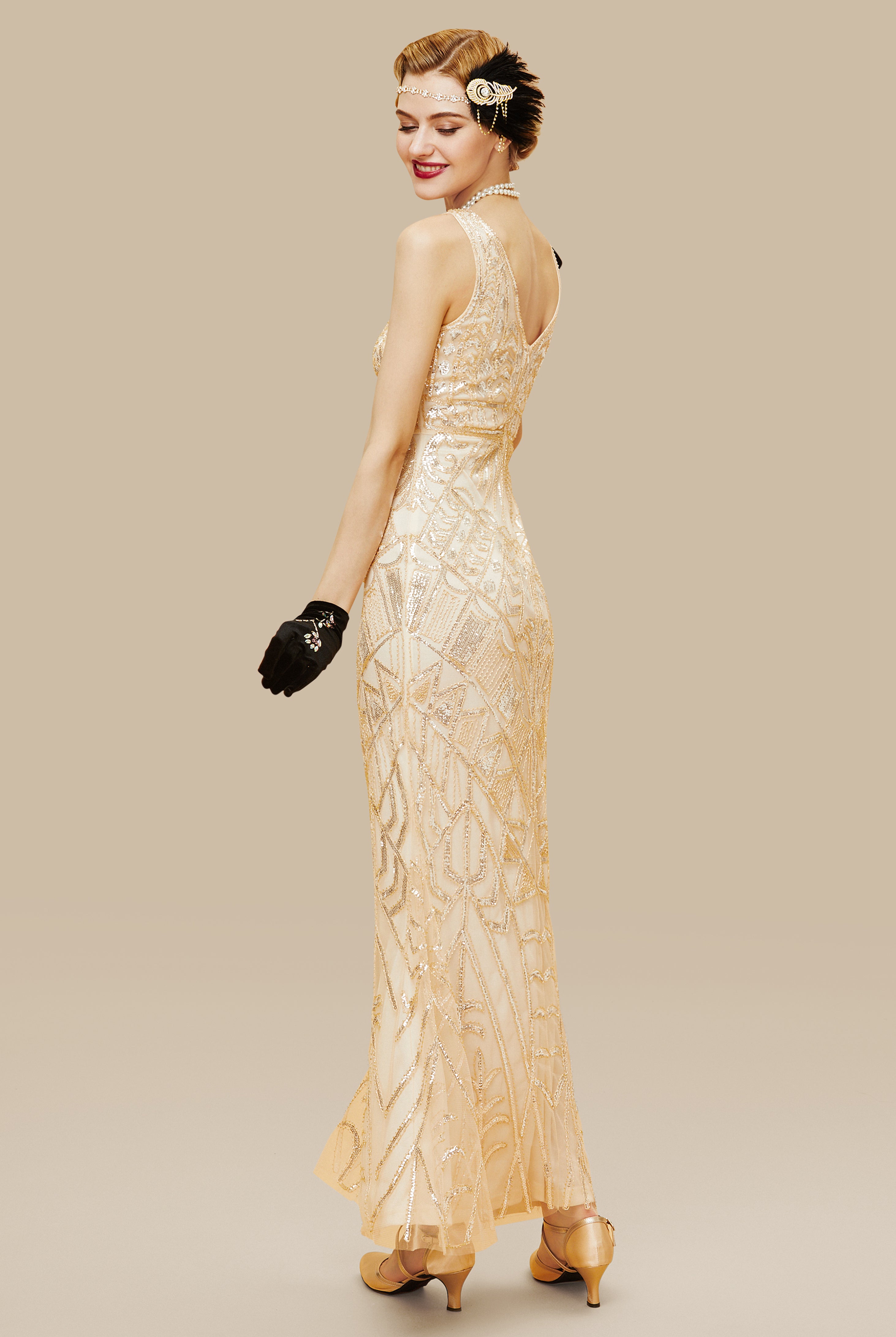 Sheer Scoop Neck Sequin Cocktail Dress | Apricot | 3