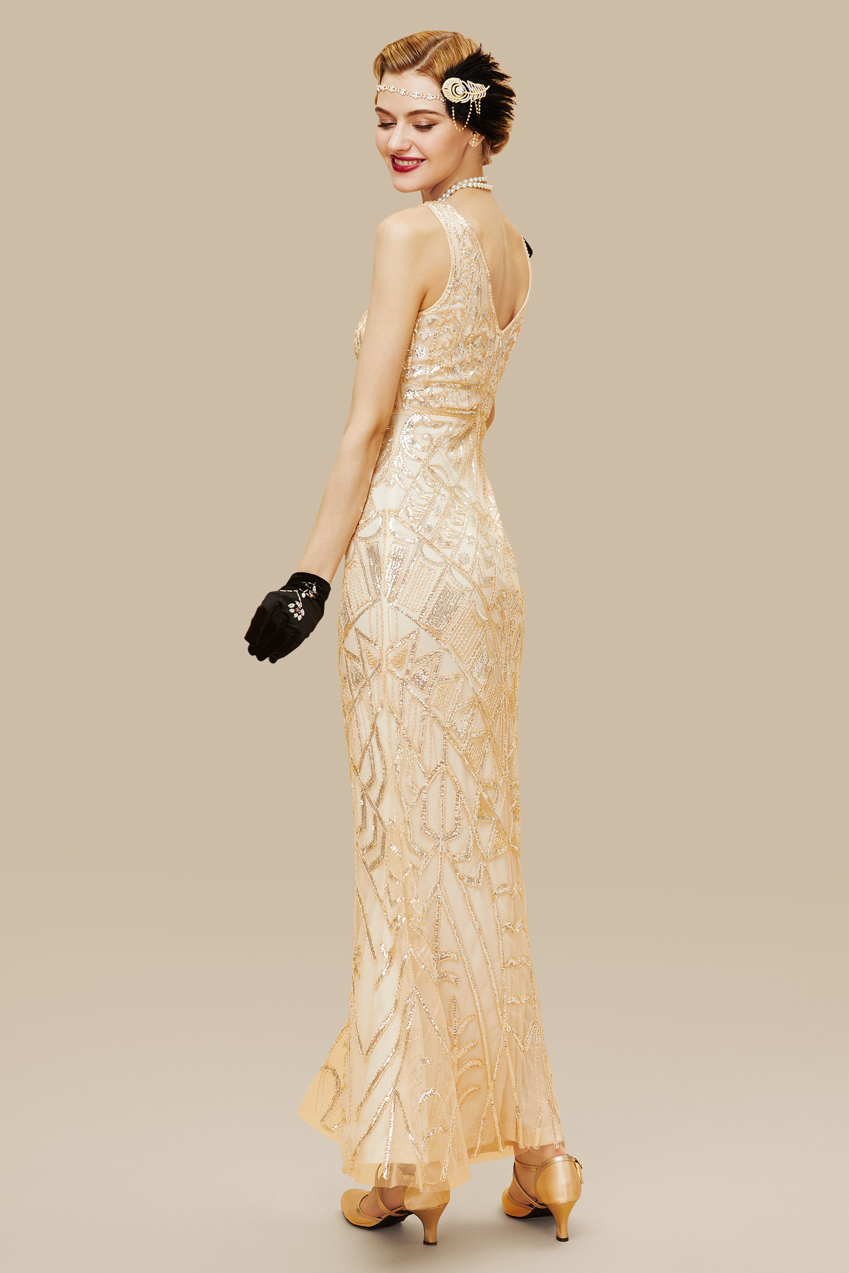 Sheer Scoop Neck Sequin Cocktail Dress | Apricot | 3