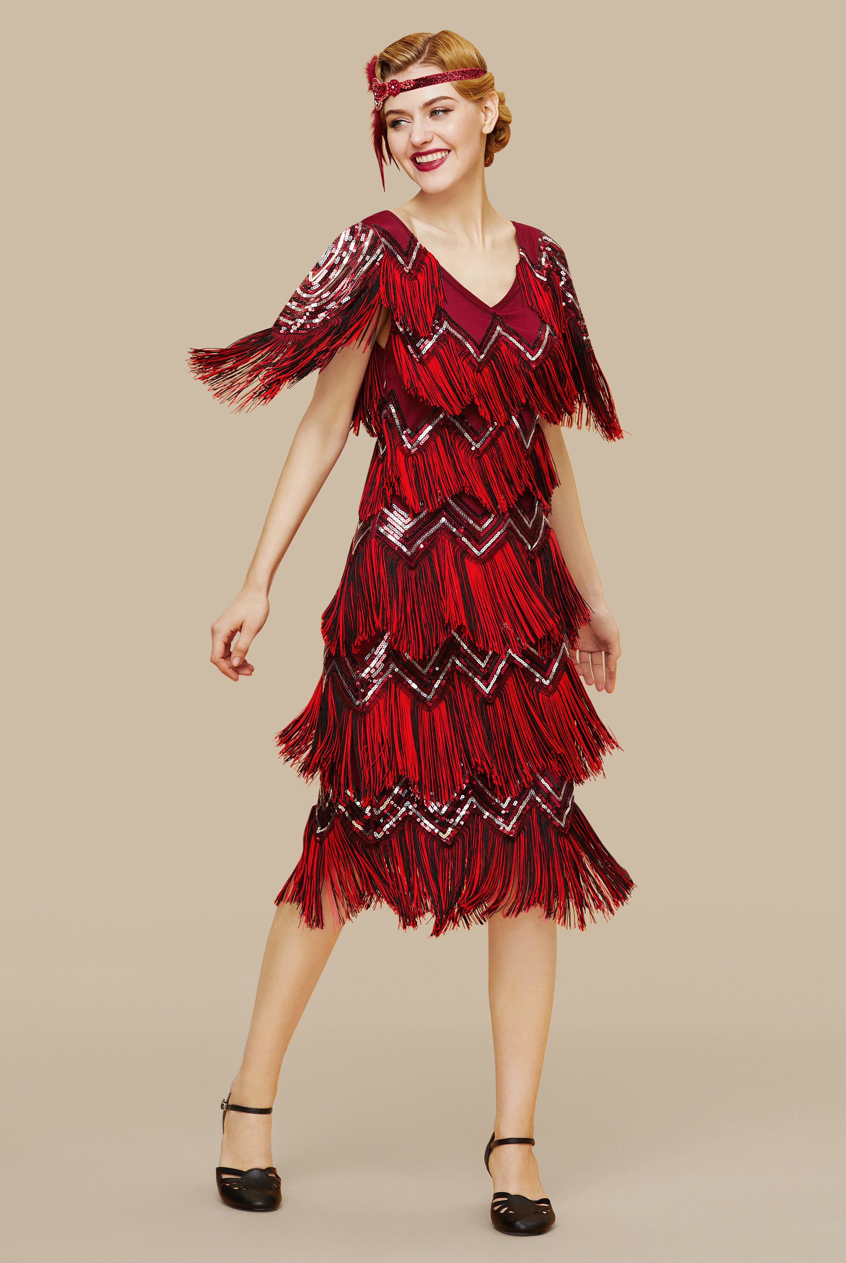 Shimmering Tiered Fringe Sequin Dress | Red | 1