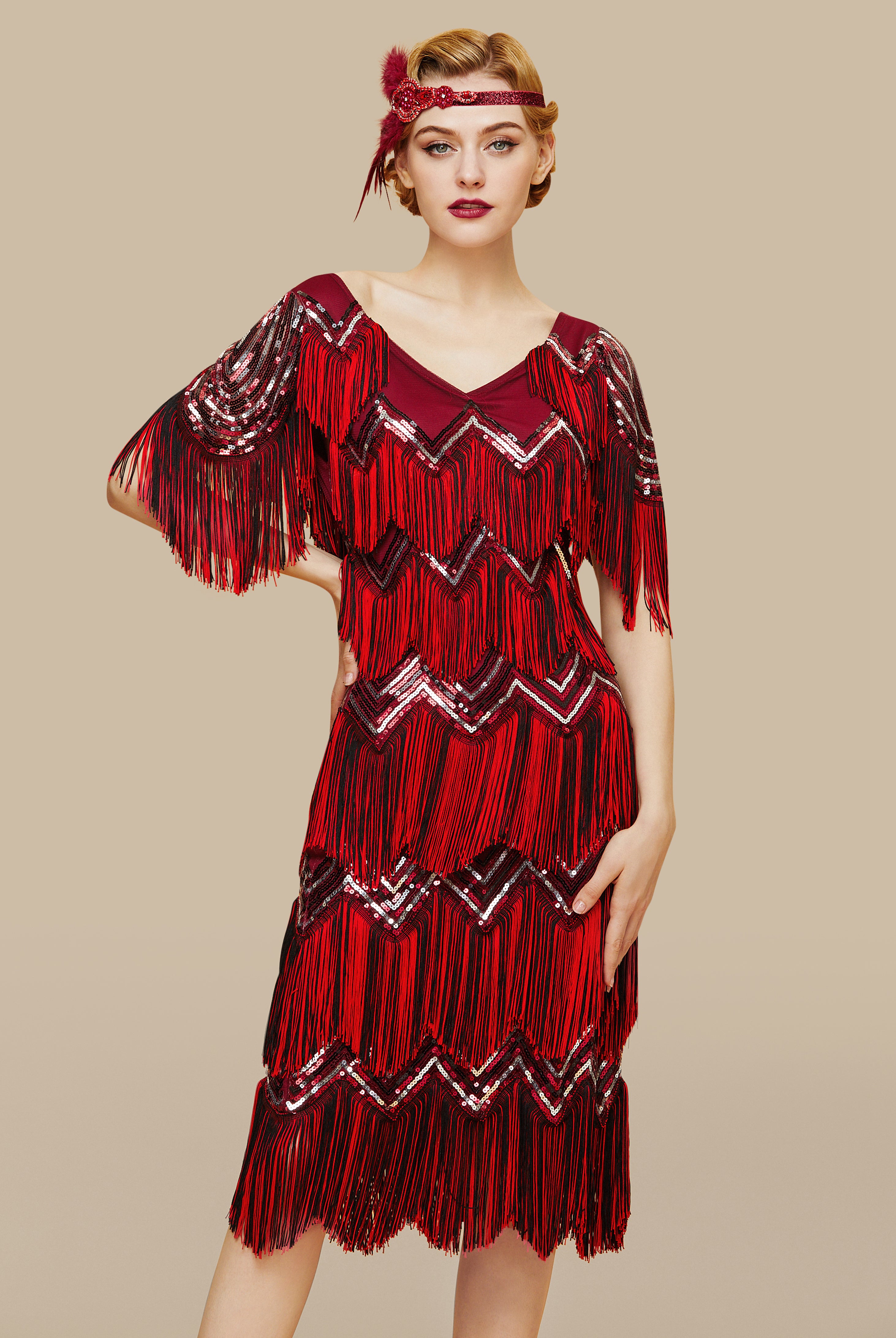 Shimmering Tiered Fringe Sequin Dress | Red | 2