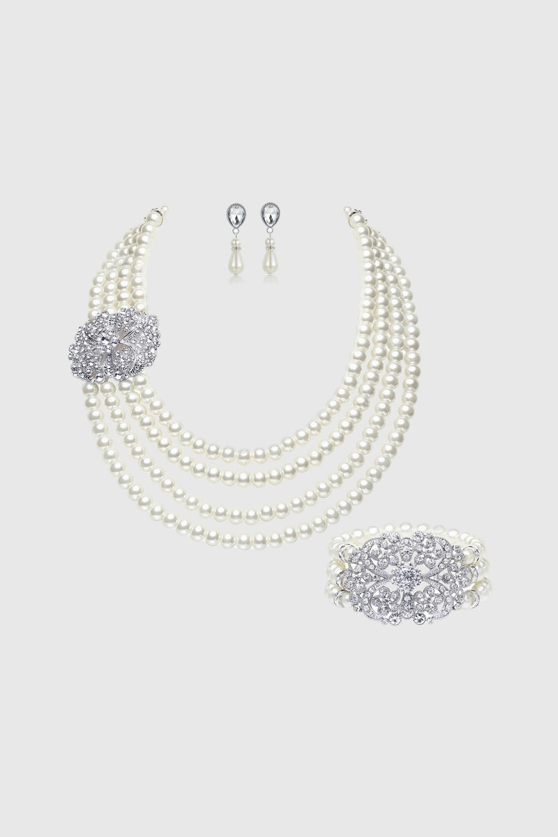 Shop 1920s Jewelry - Pearl Rhinestone Necklace Set, BABEYOND