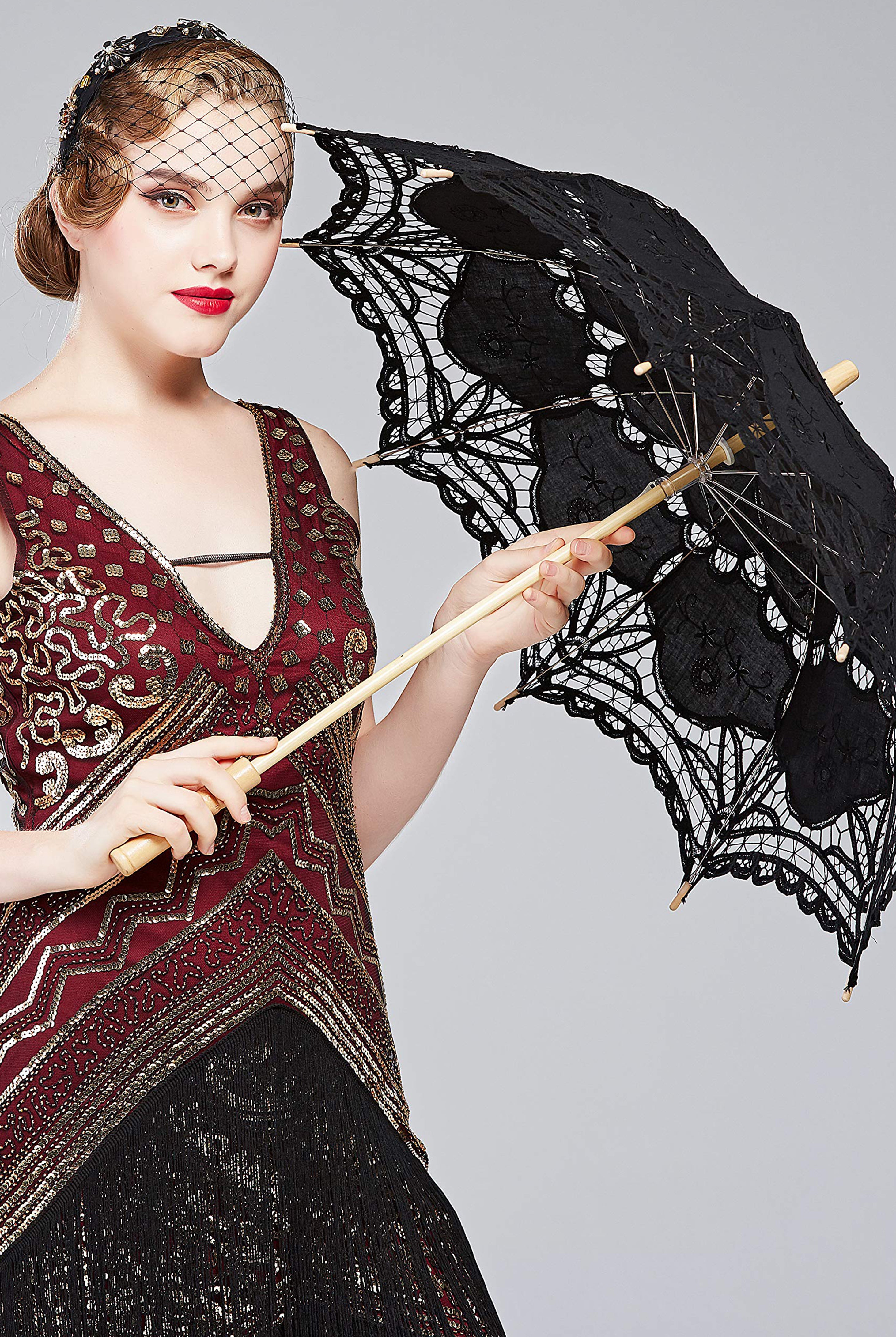 1920s Vintage Lace Umbrella Parasol | Black | 6